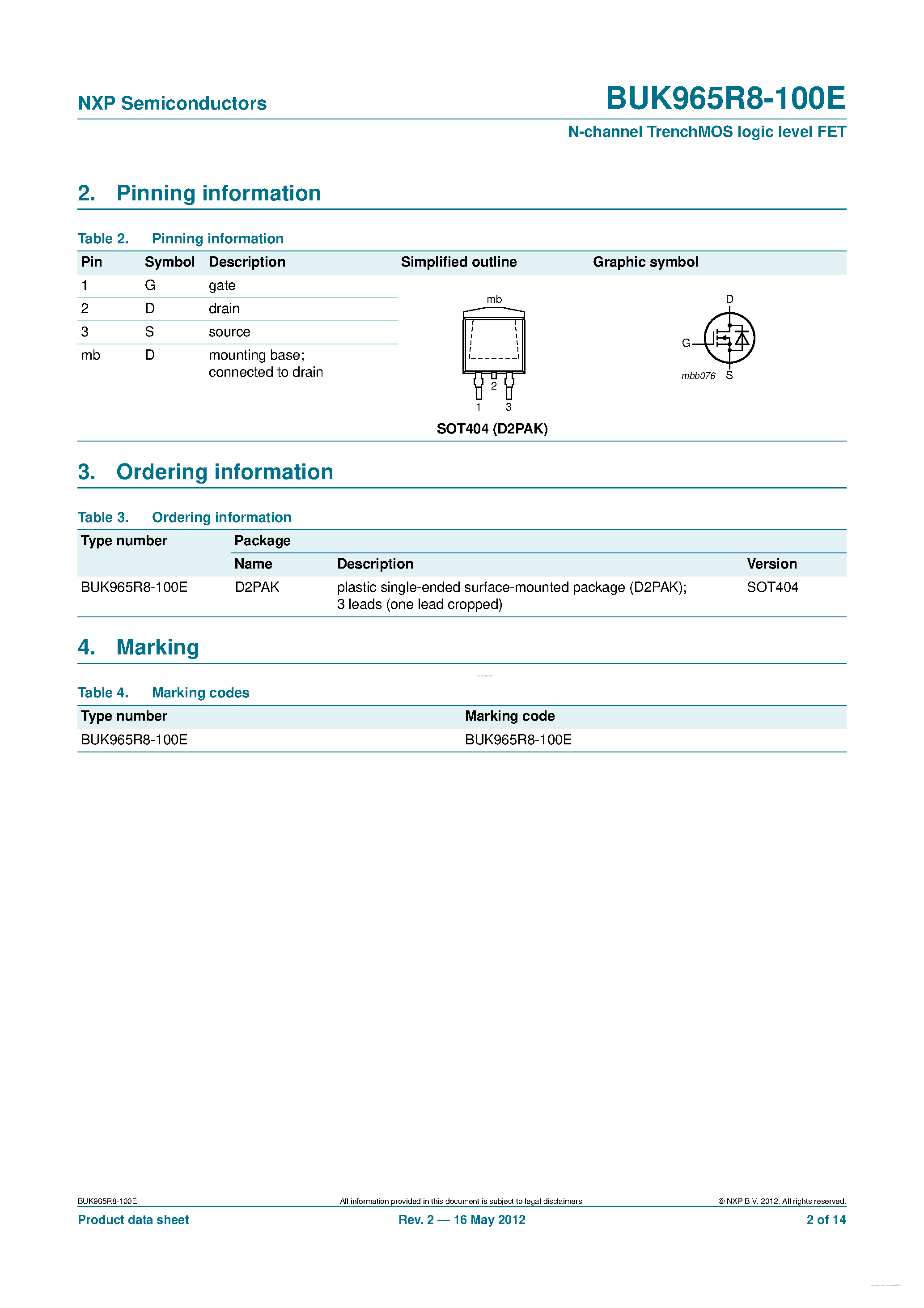 Datasheet BUK965R8-100E - N-channel TrenchMOS logic level FET page 2