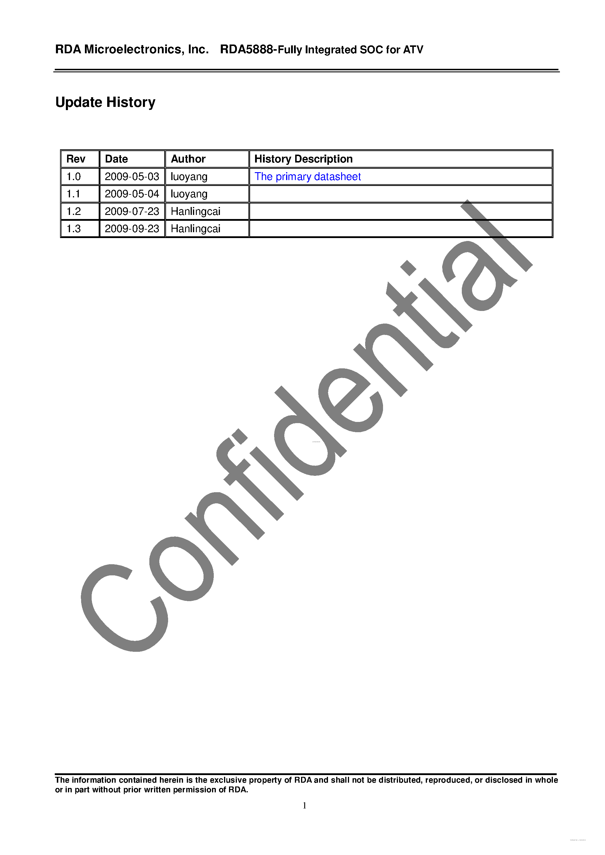 Datasheet RDA5888 - Low Power Analog TV On a Chip page 2