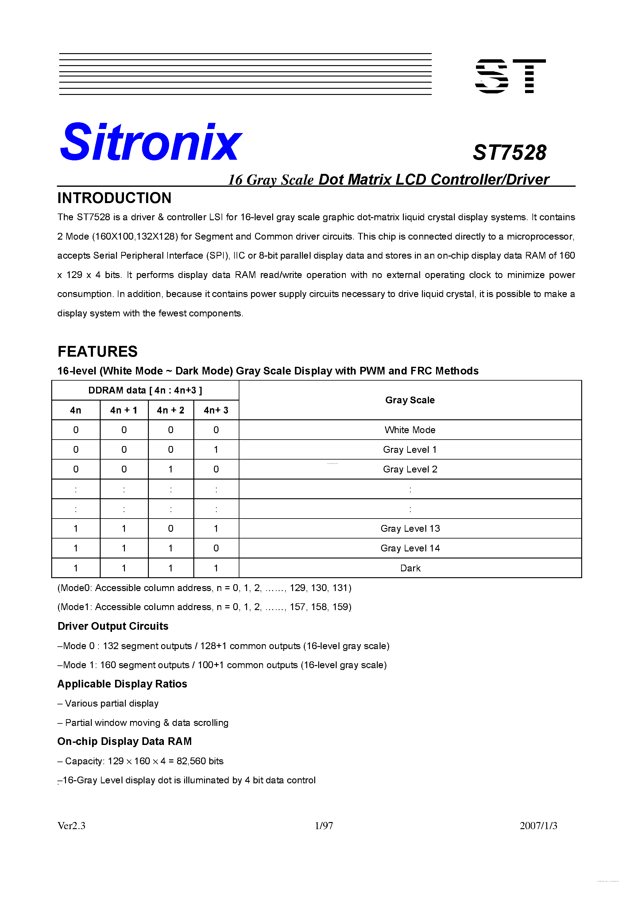 Даташит на микросхему ST7528 страница 1 Даташит ST7528 - страница 1