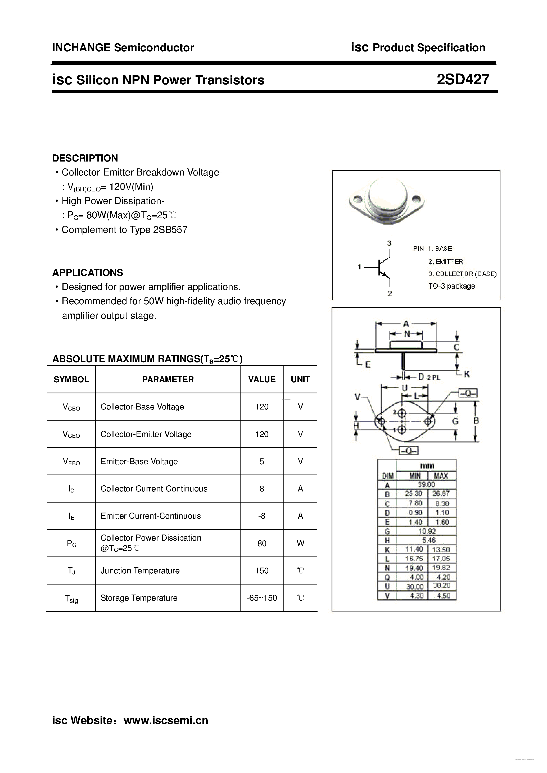 Даташит 2SD427 - Silicon NPN Power Transistors страница 1