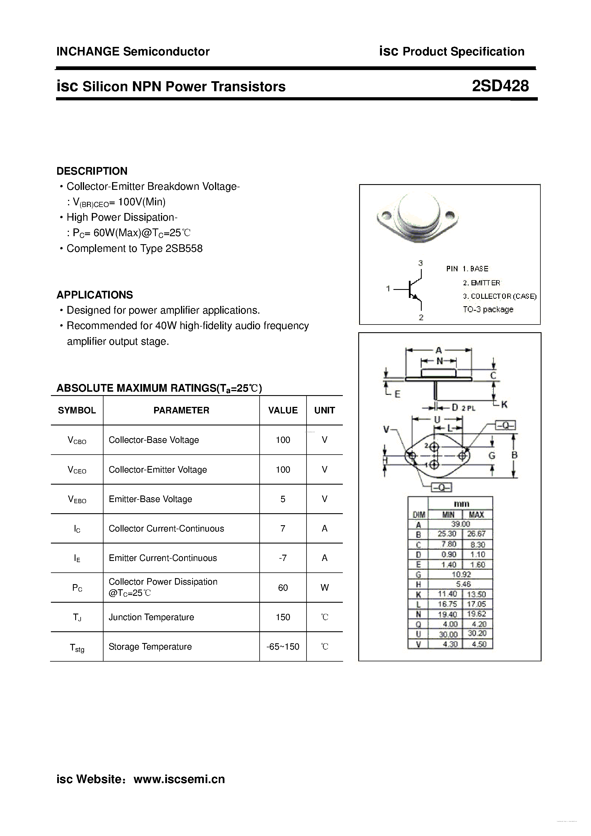 Даташит 2SD428 - Silicon NPN Power Transistors страница 1