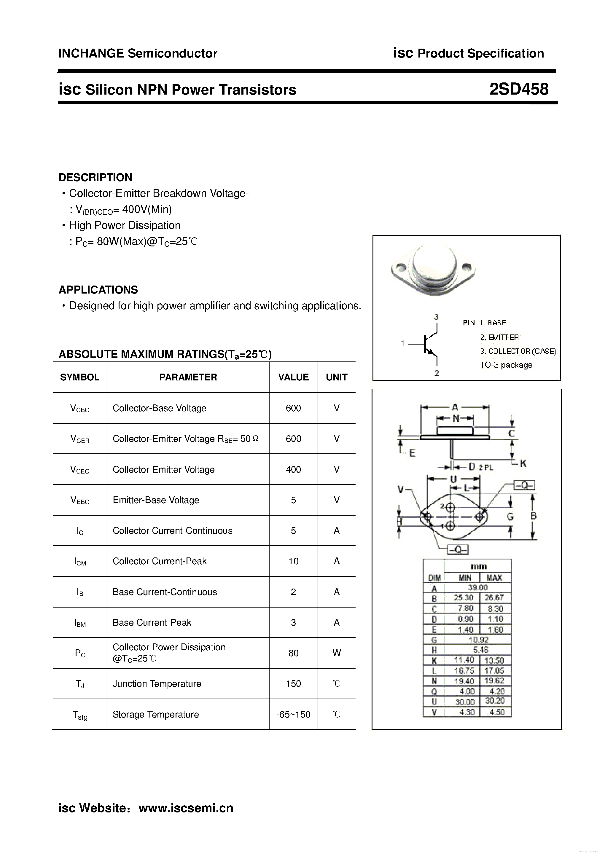 Даташит 2SD458 - Silicon NPN Power Transistors страница 1