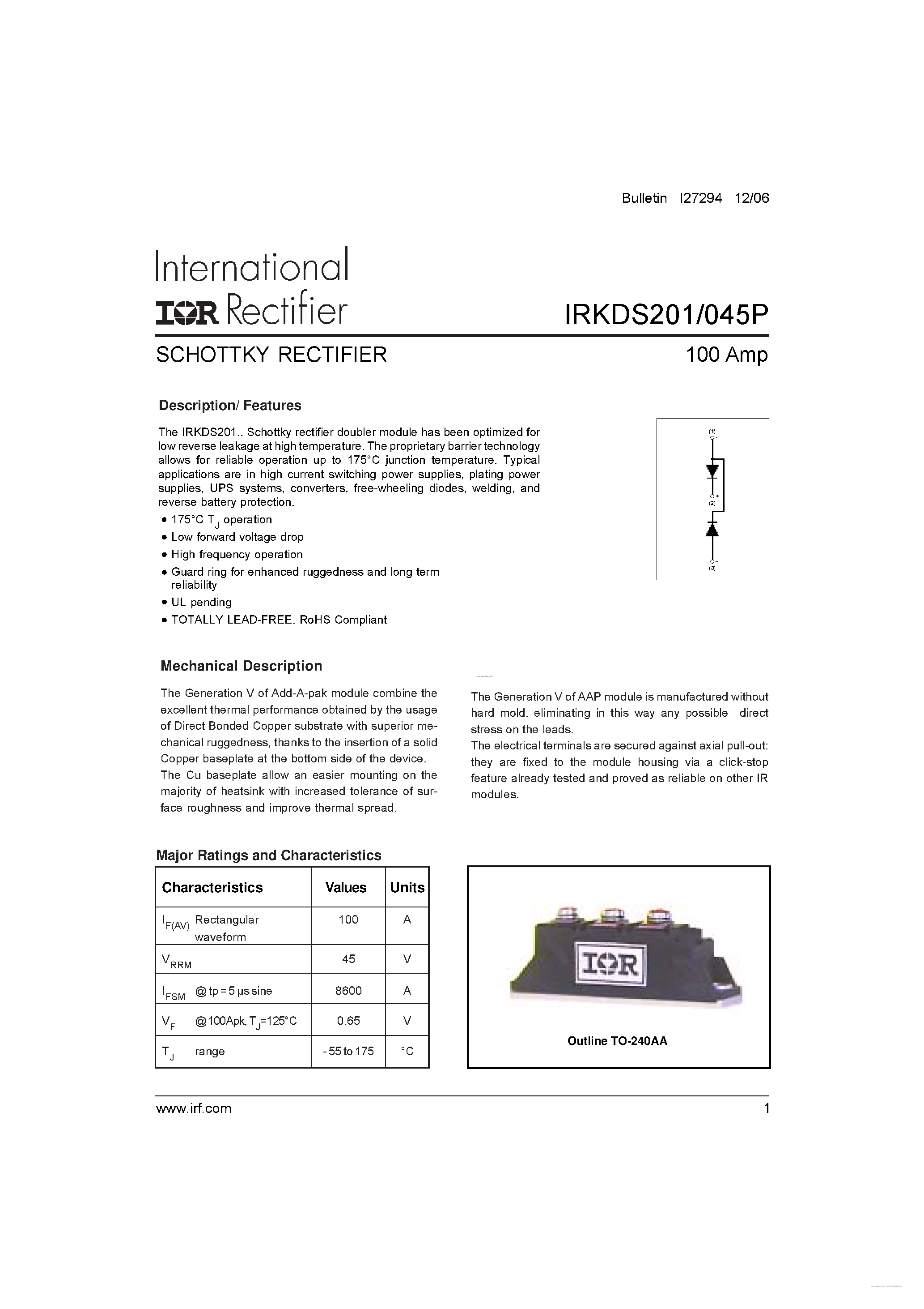 Datasheet IRKDS201/045P page 1 Datasheet IRKDS201/045P - SCHOTTKY RECTIFIER page 1