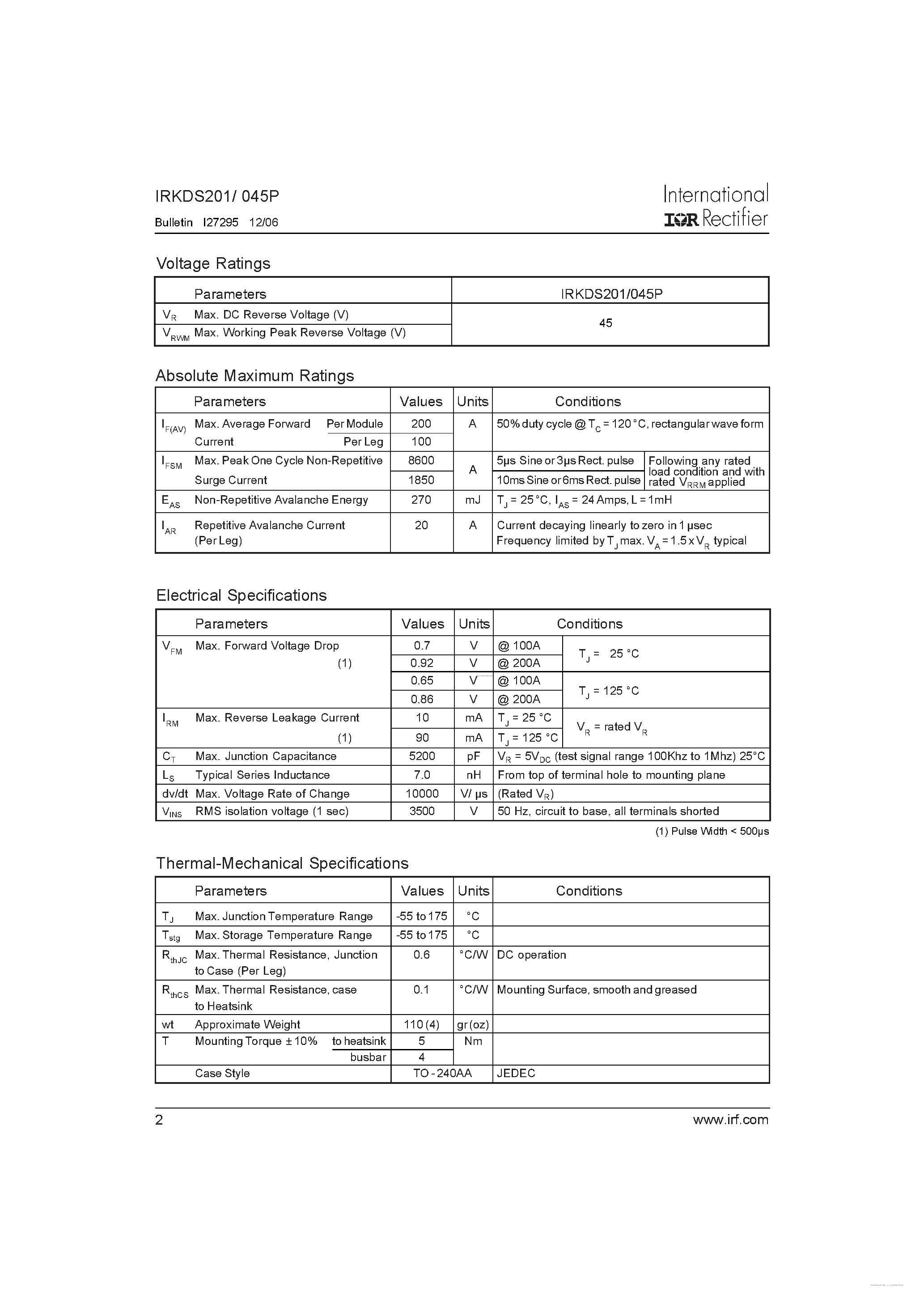 Datasheet IRKDS201/045P page 2 Datasheet IRKDS201/045P - SCHOTTKY RECTIFIER page 2