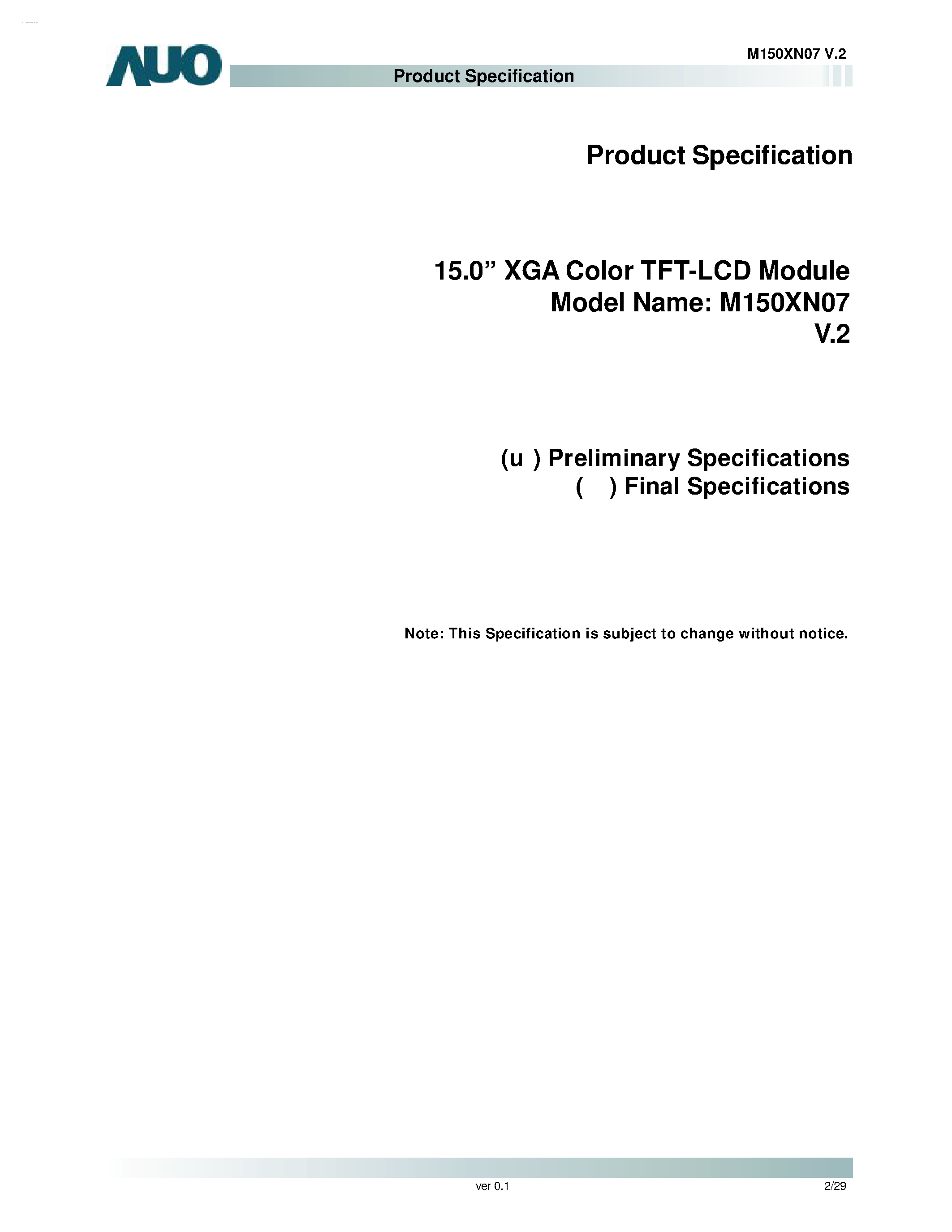 Даташит M150XN07-V2 - LCD MODULE страница 2
