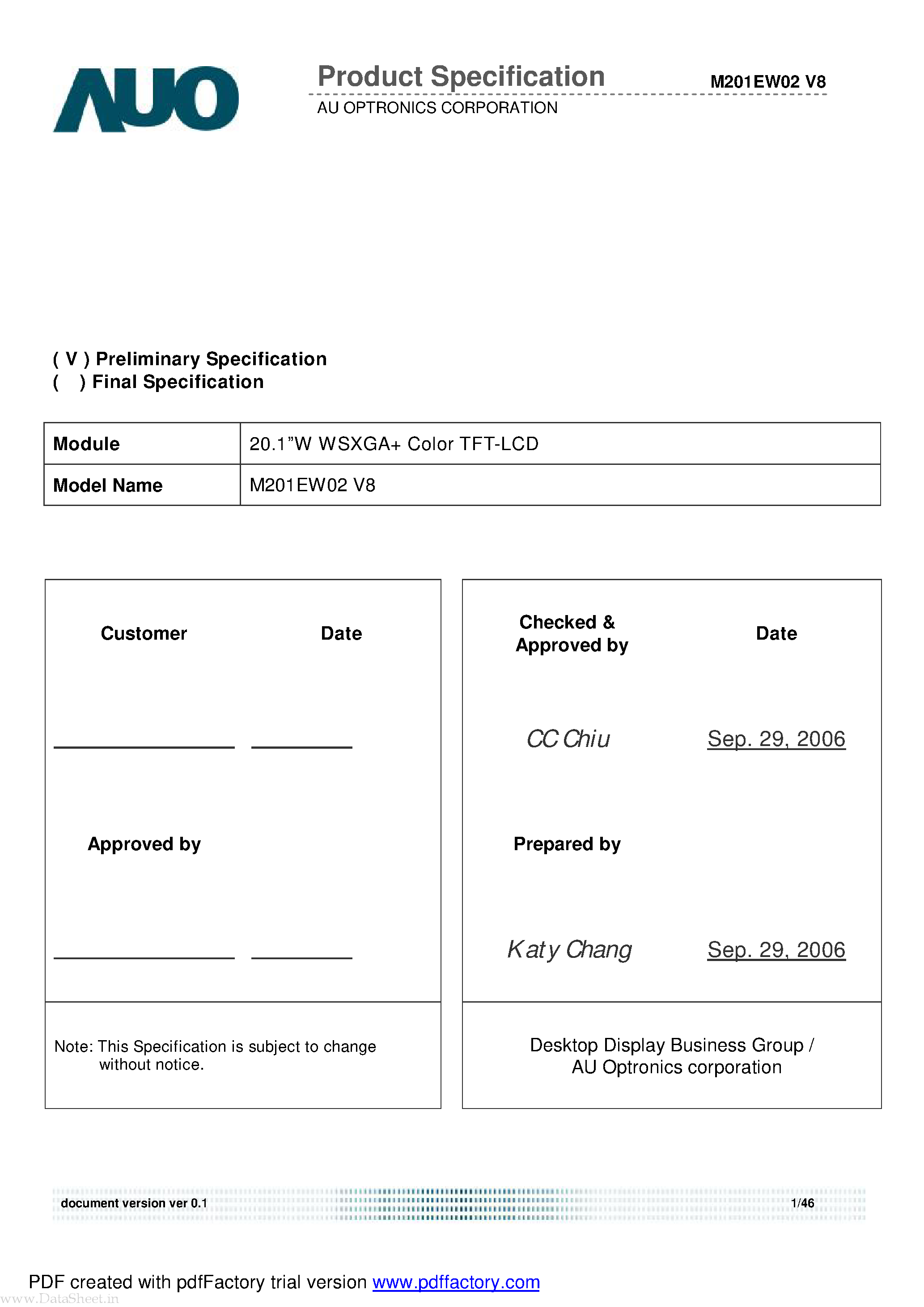 Даташит на микросхему M201EW02 страница 1 Даташит M201EW02 - LCD MODULE страница 1