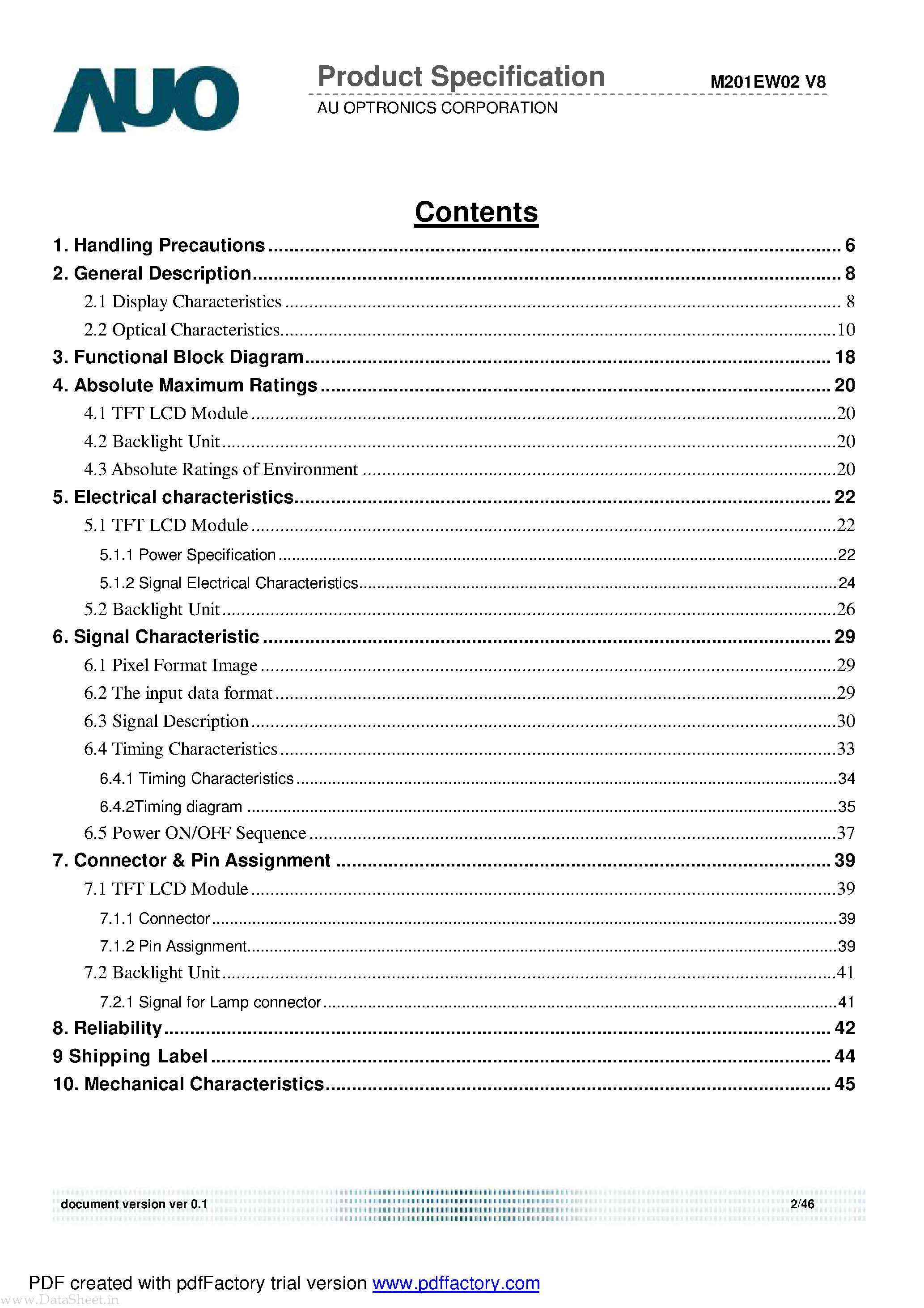Даташит на микросхему M201EW02 страница 2 Даташит M201EW02 - LCD MODULE страница 2