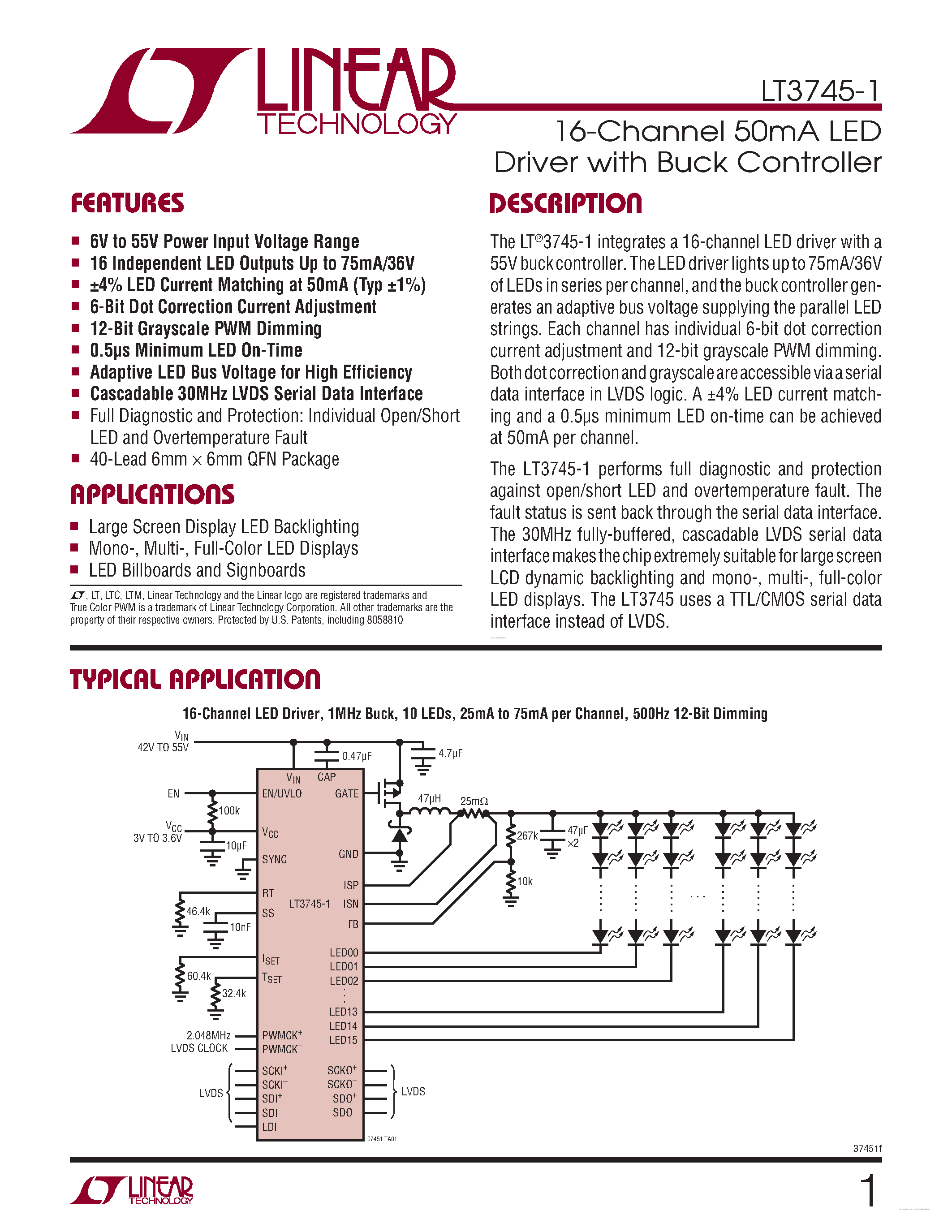 Даташит LT3745-1 - 16-Channel 50mA LED Driver страница 1