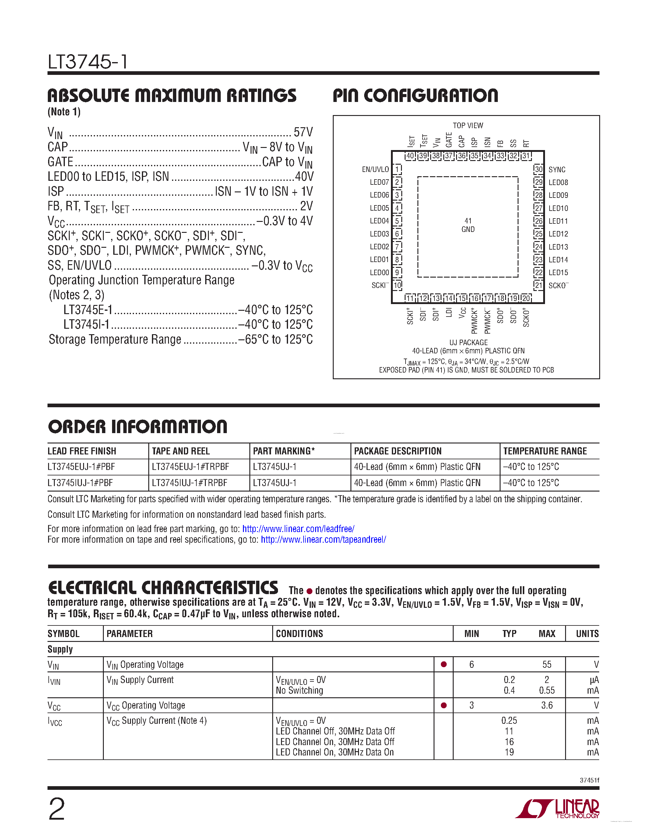 Даташит LT3745-1 - 16-Channel 50mA LED Driver страница 2