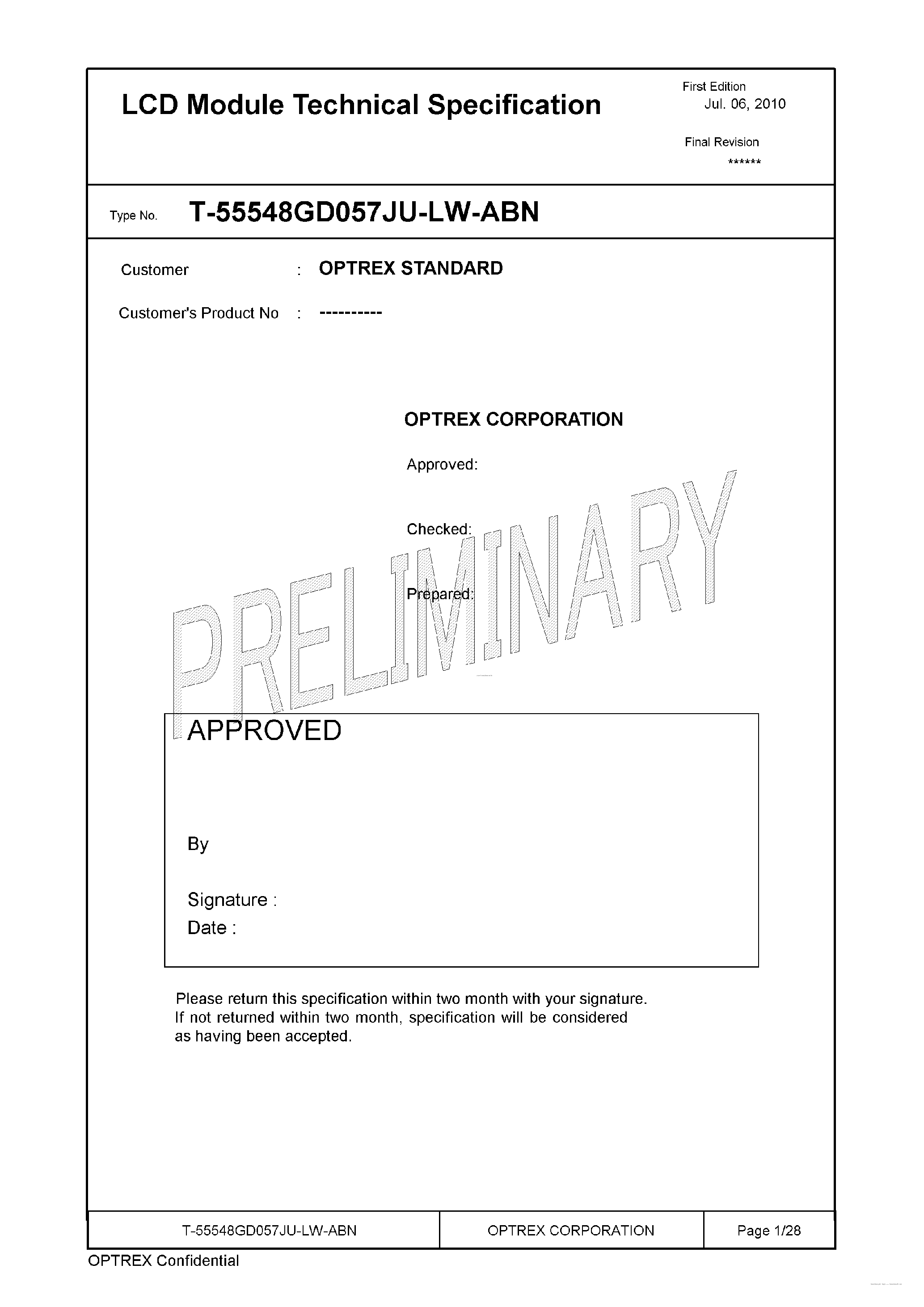 Datasheet T-55548GD057JU-LW-ABN page 1 Datasheet T-55548GD057JU-LW-ABN - LCD Module page 1