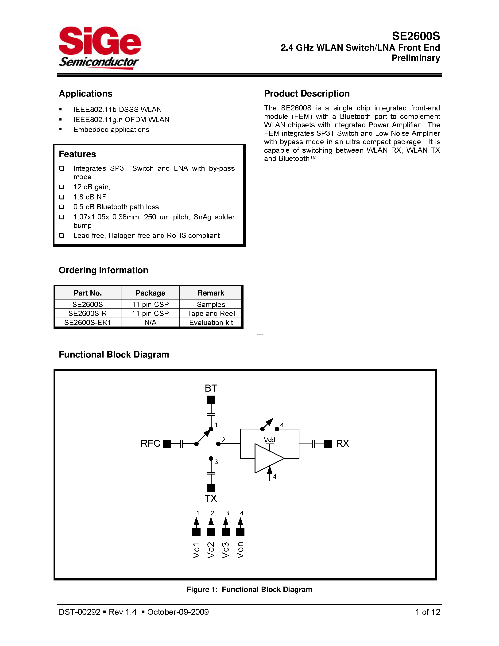 Datasheet SE2600S - 2.4 GHz WLAN Switch/LNA Front End page 1