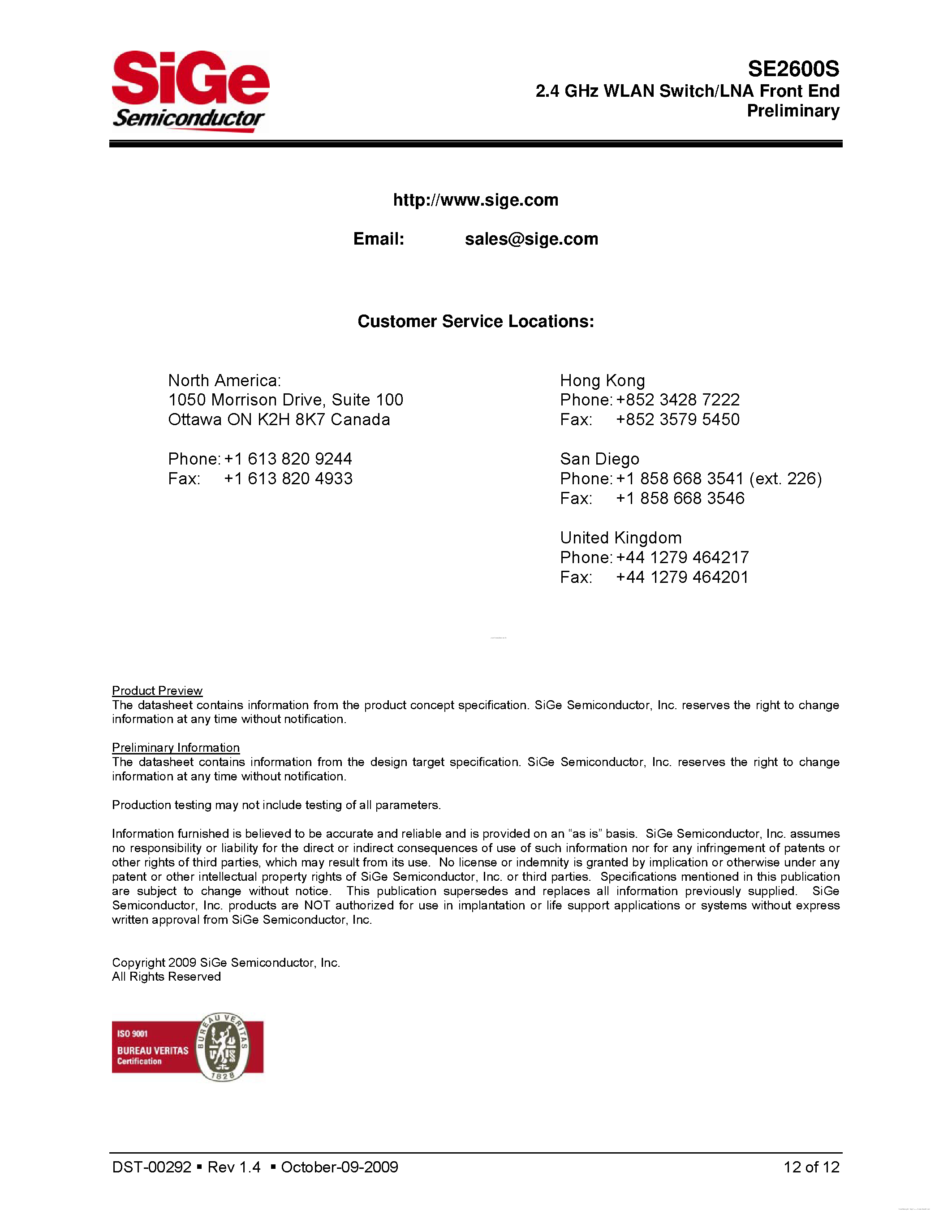 Datasheet SE2600S - 2.4 GHz WLAN Switch/LNA Front End page 2