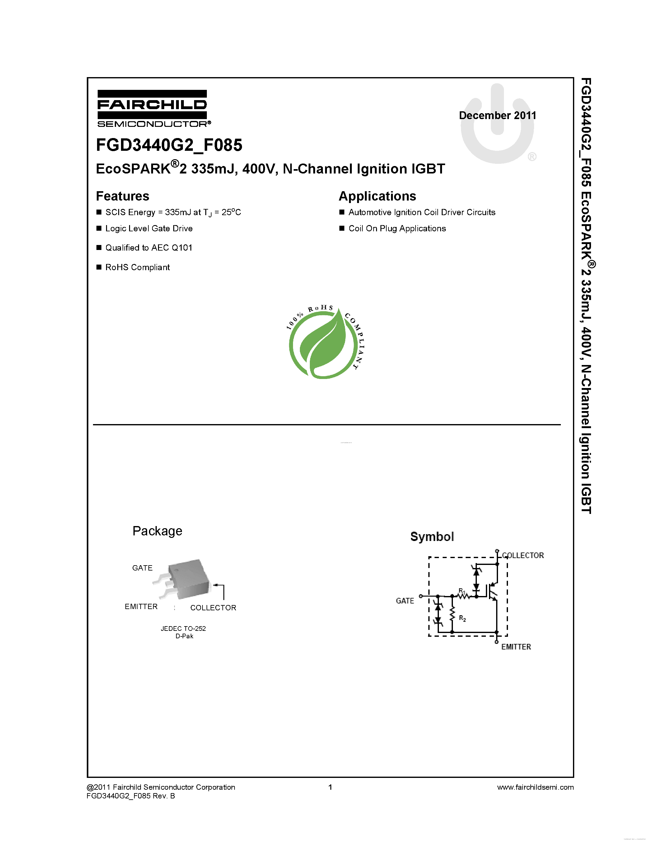 Datasheet FGD3440G2_F085 - N-Channel Ignition IGBT page 1