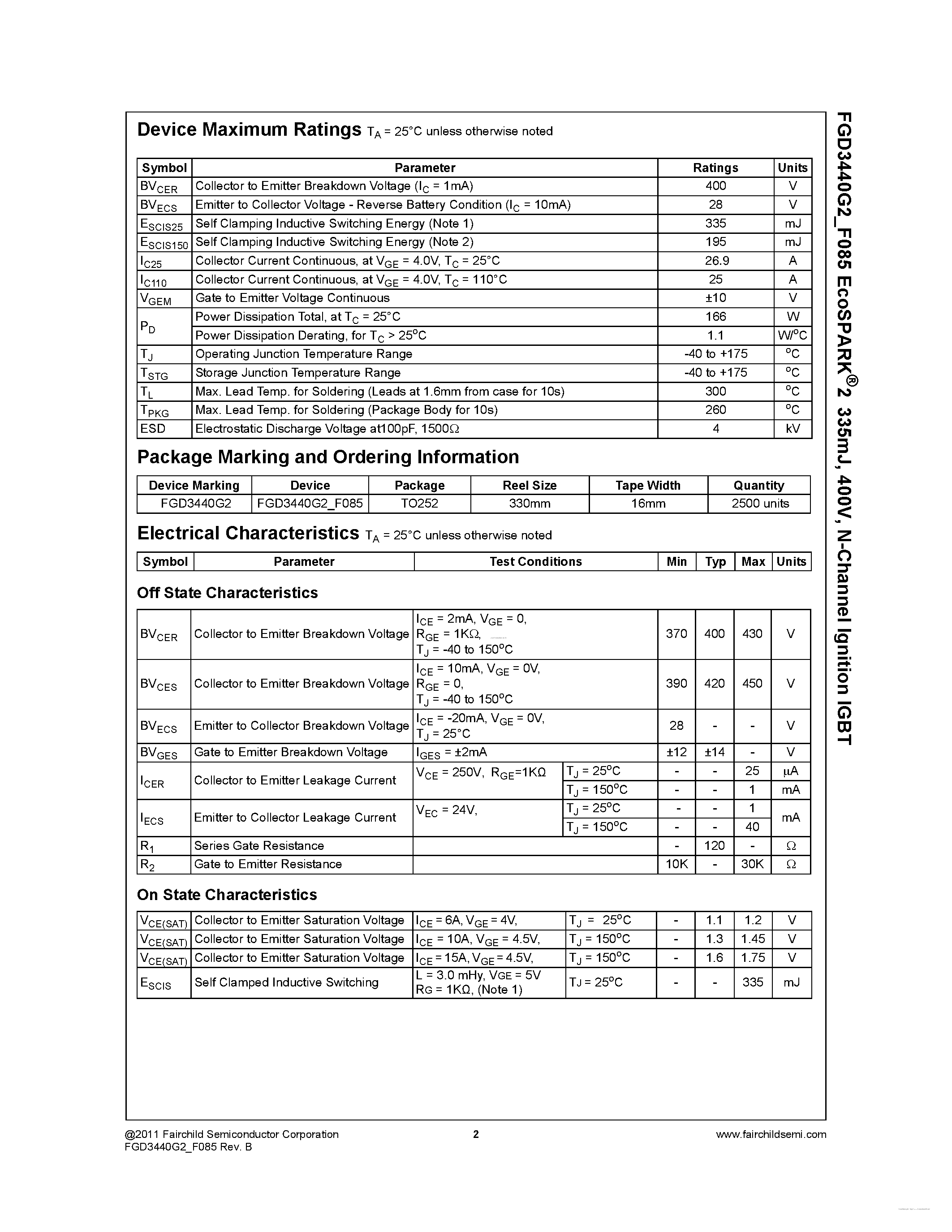 Datasheet FGD3440G2_F085 - N-Channel Ignition IGBT page 2