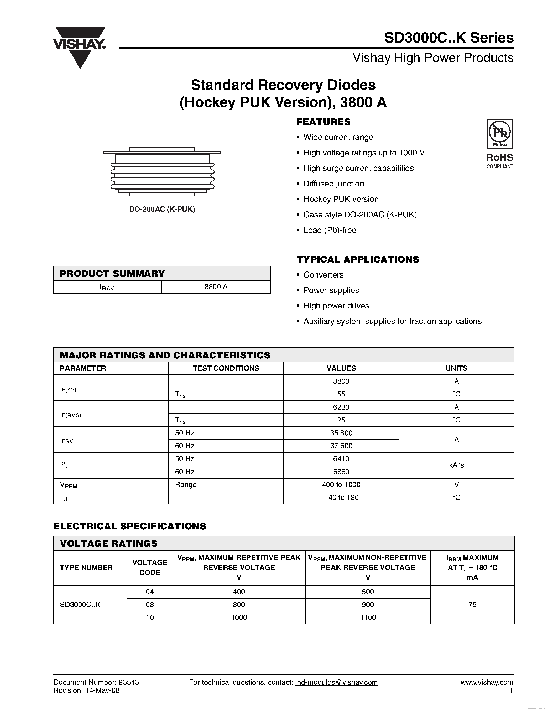 Даташит на микросхему SD3000C страница 1 Даташит SD3000C - Standard Recovery Diodes страница 1