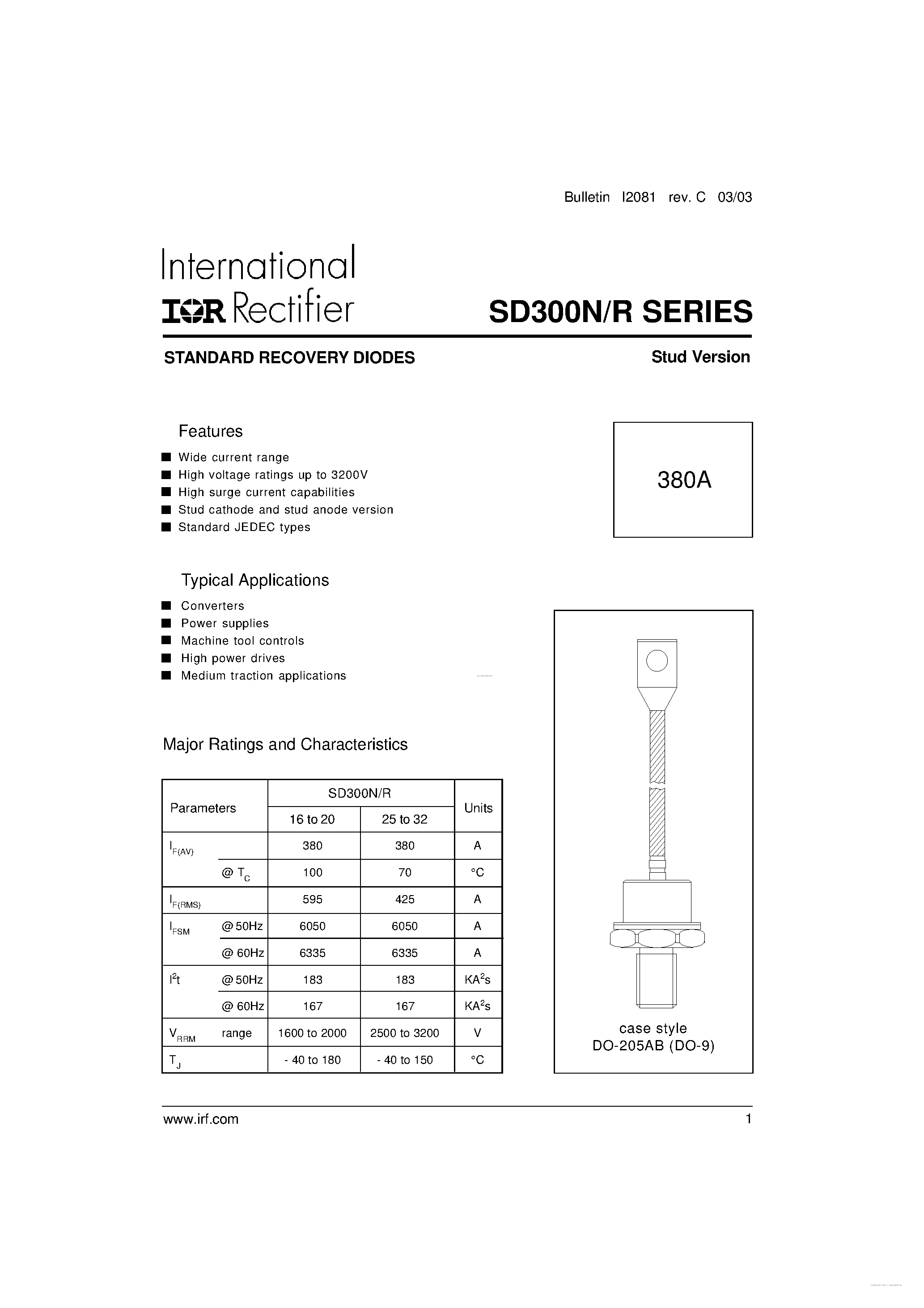 Даташит на микросхему SD300N страница 1 Даташит SD300N - STANDARD RECOVERY DIODES страница 1