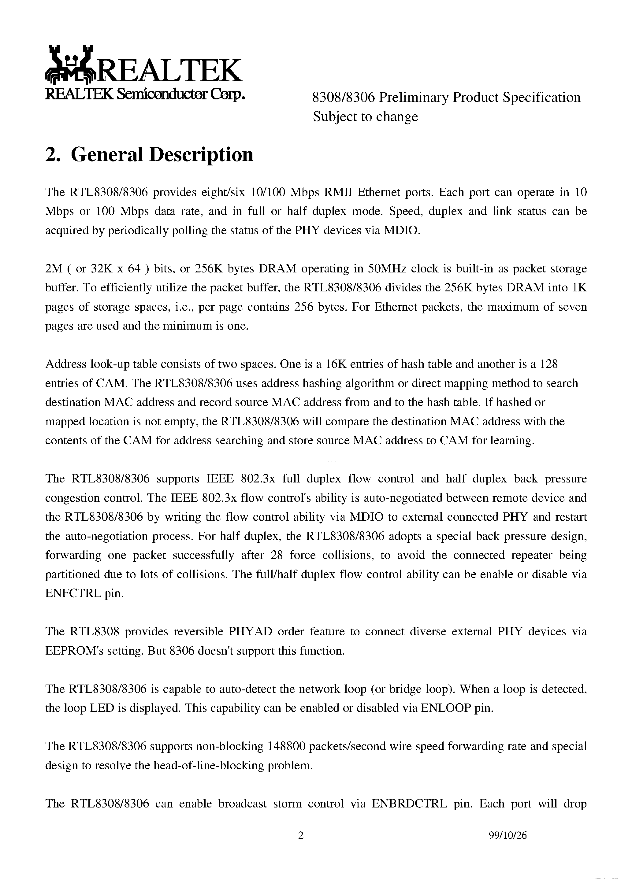 Даташит на микросхему RTL8306 страница 2 Даташит RTL8306 - (RTL8306 / RTL8308) 8/6-Port 10/100 Mbps Ethernet Switch Controller страница 2