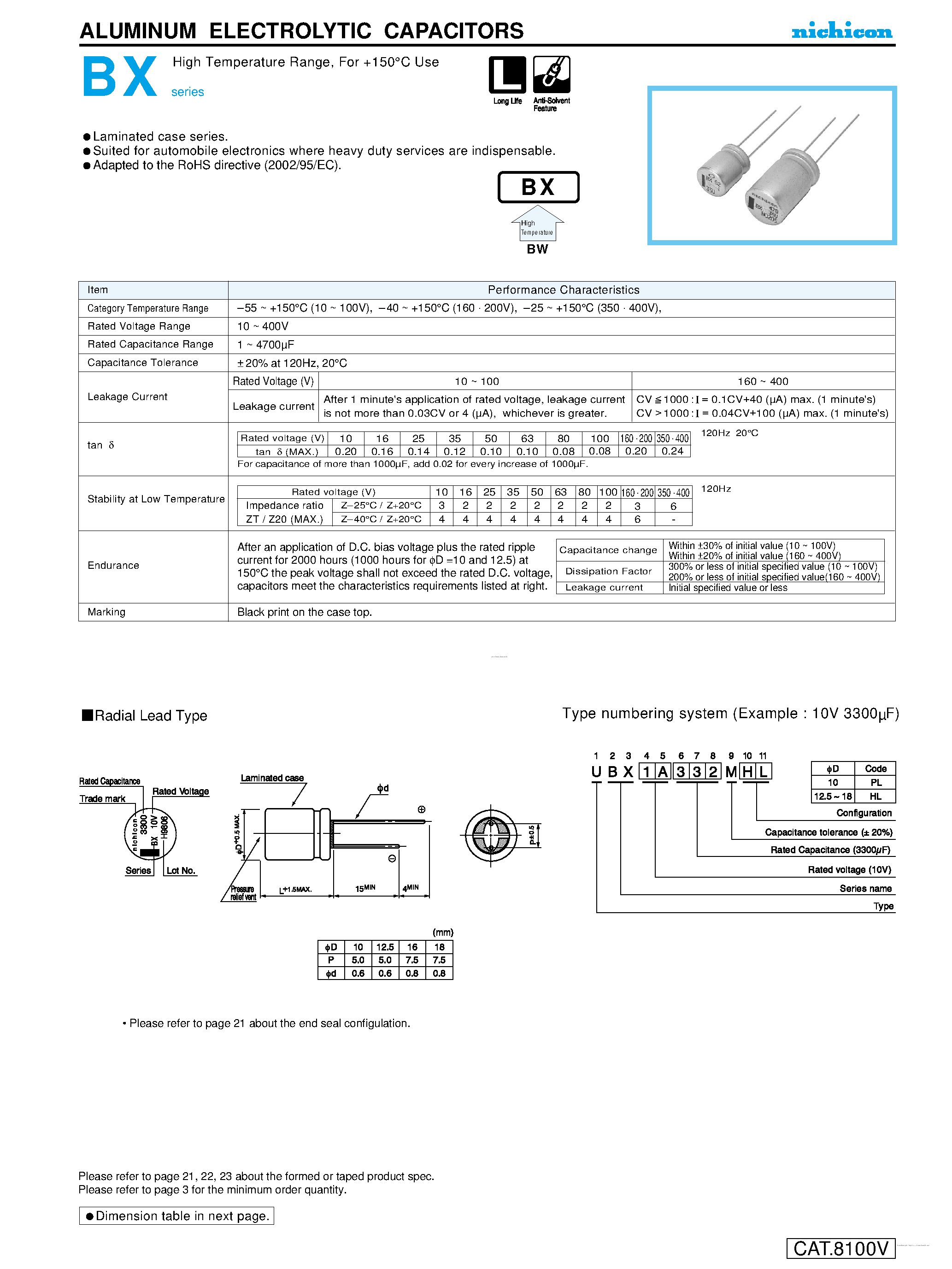 Datasheet UBX1xxxxxxxx - ALUMINUM ELECTROLYTIC CAPACITORS page 1