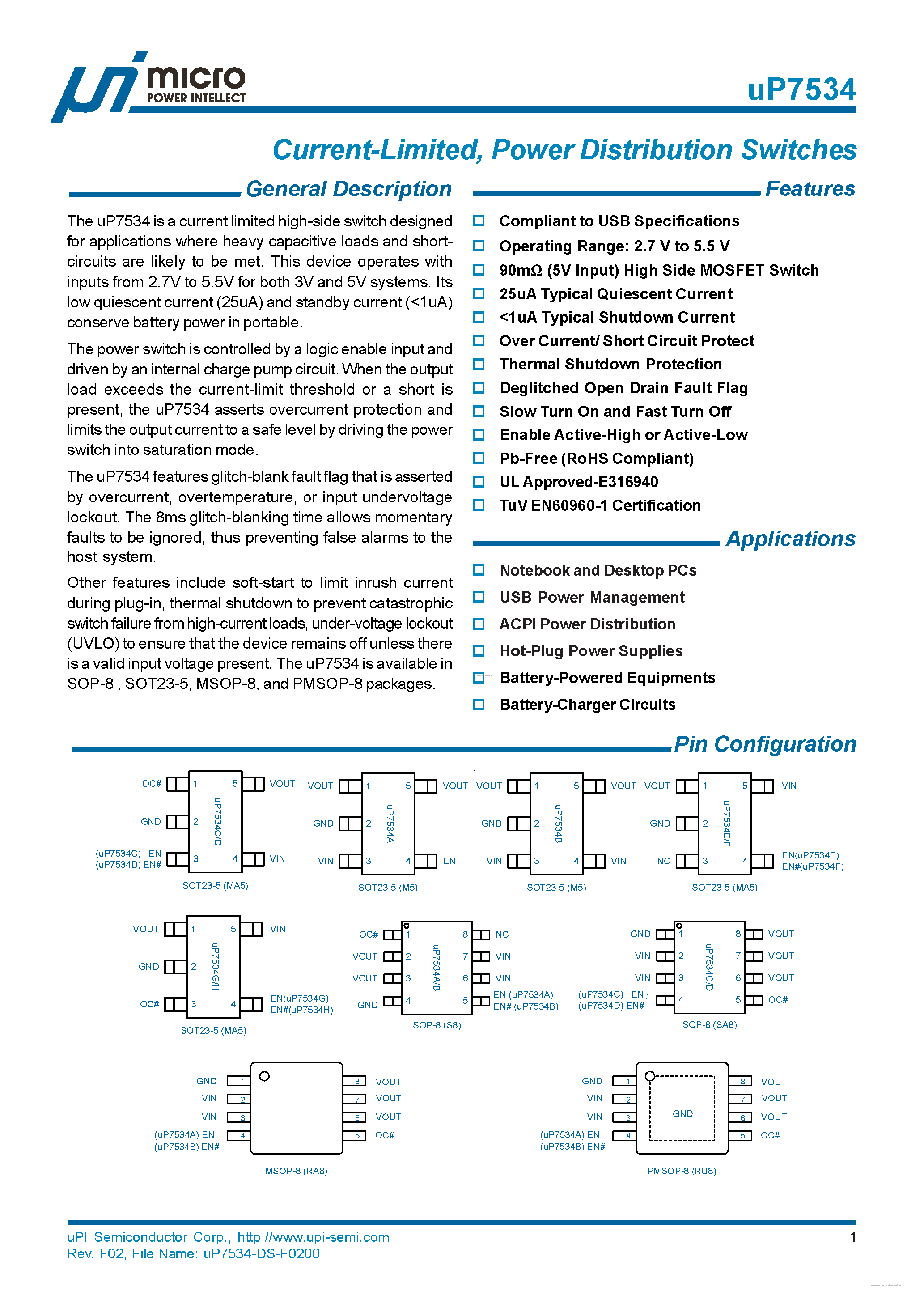 Даташит UP7534 - Power Distribution Switches страница 1