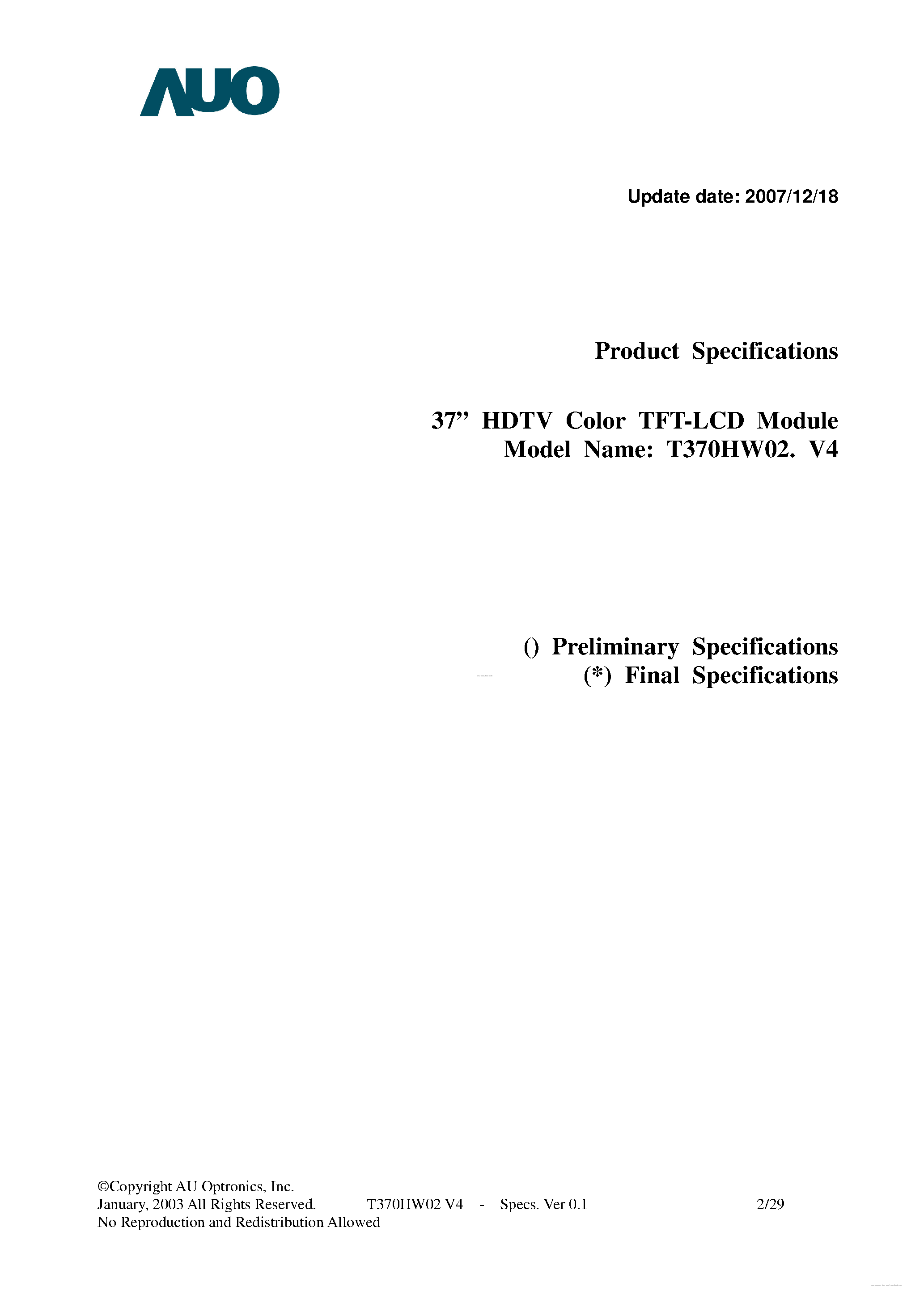 Даташит на микросхему T370HW02-V4 страница 2 Даташит T370HW02-V4 - LCD Module страница 2