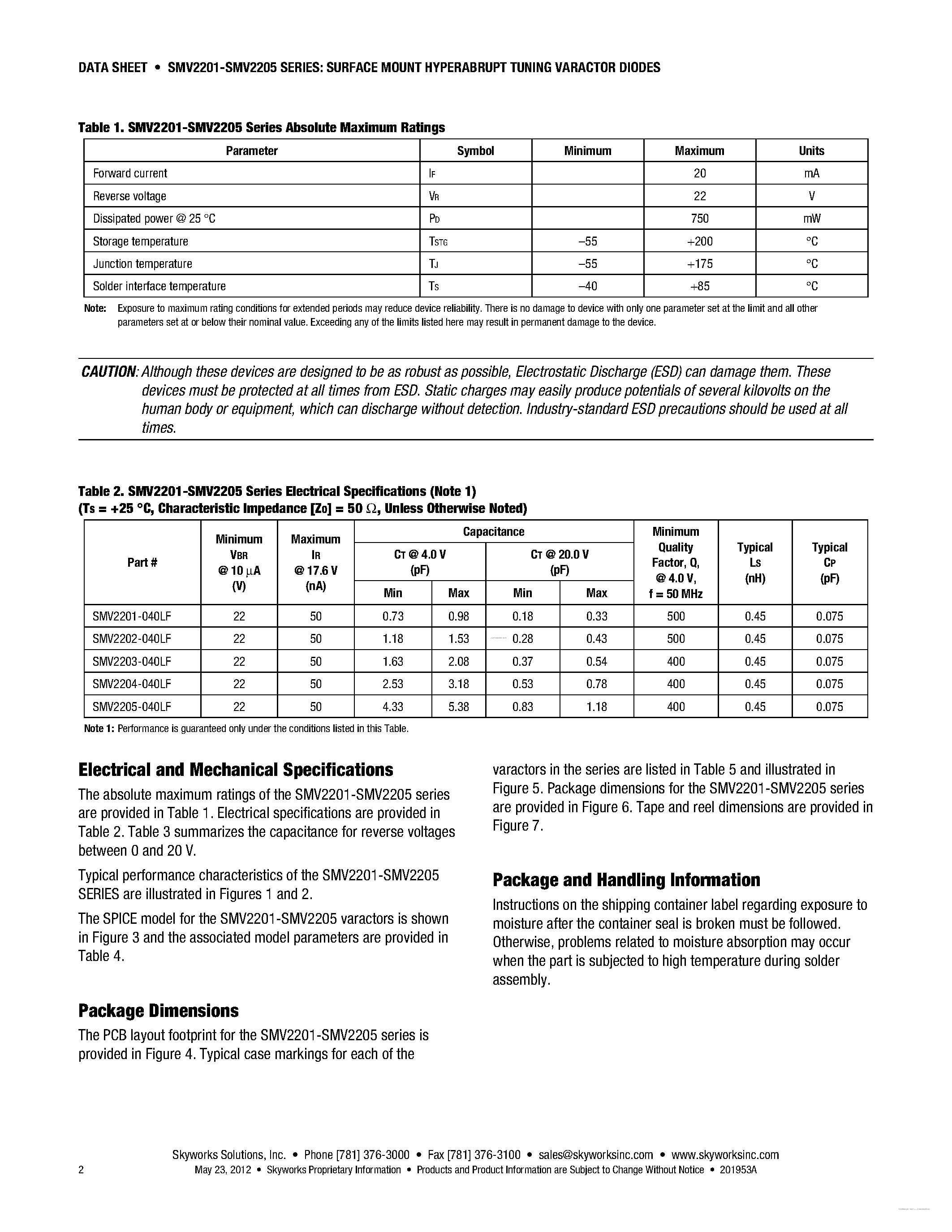Даташит на микросхему SMV2201-040LF страница 2 Даташит SMV2201-040LF - (SMV2201 - SMV2205) 0402 Silicon Hyperabrupt Tuning Varactor Diodes страница 2