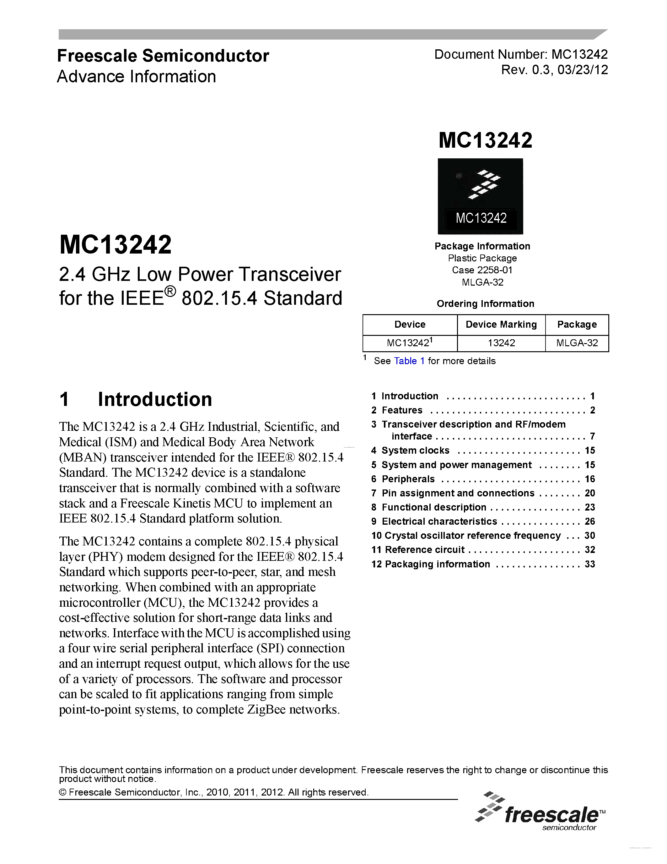 Datasheet MC13242 - 2.4 GHz Low Power Transceiver page 1