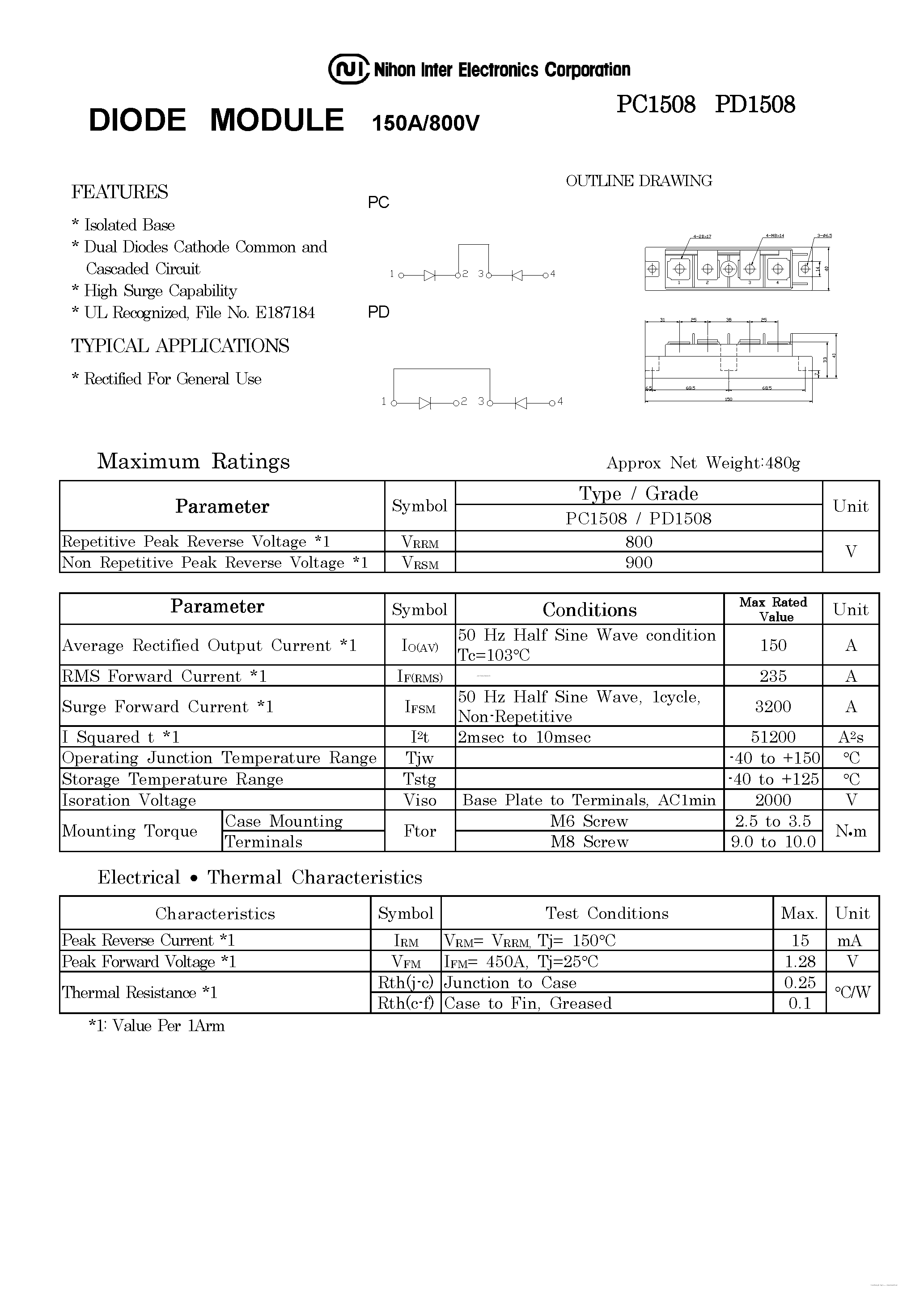 Datasheet PD1508 page 1 Datasheet PD1508 - DIODE MODULE page 1
