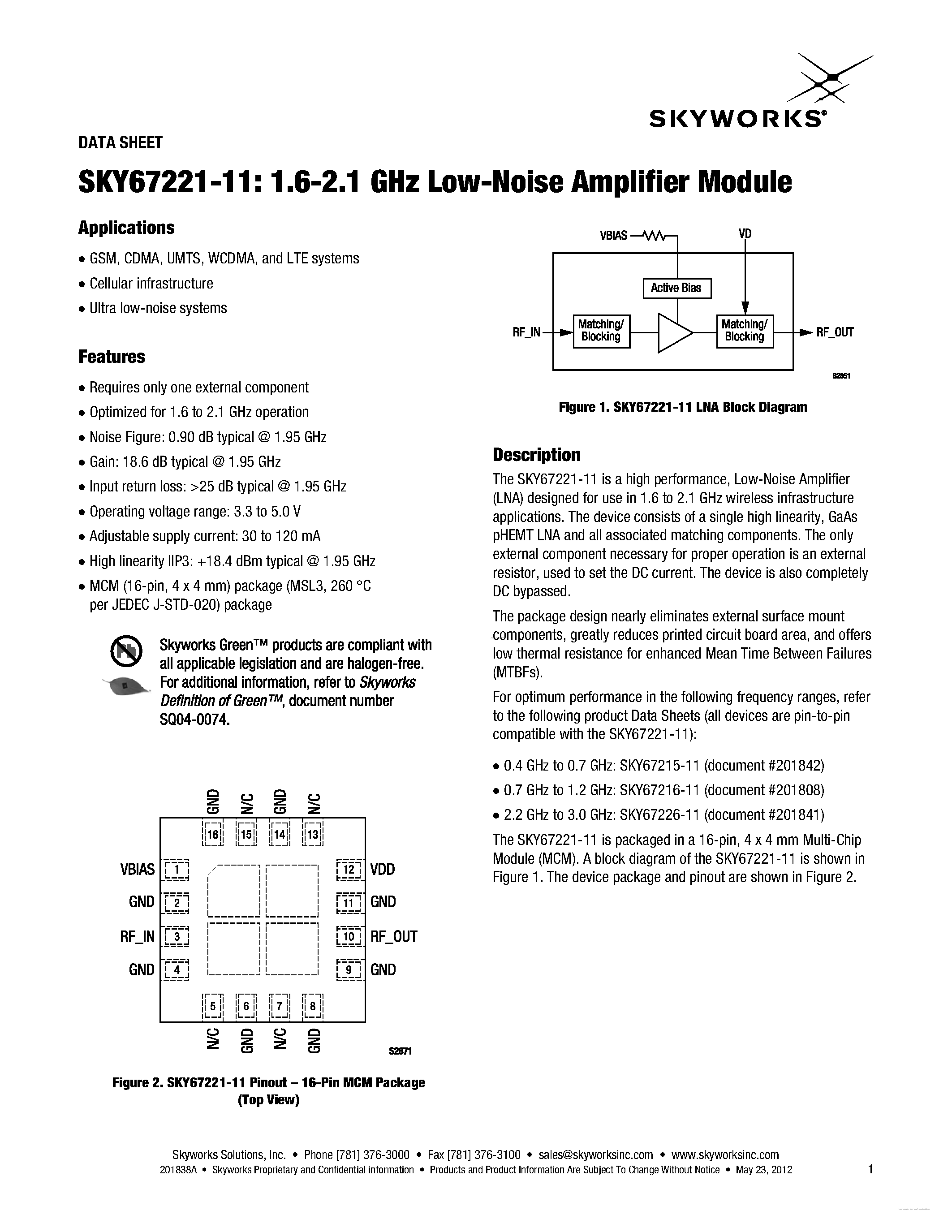 Datasheet SKY67221-11 - 1.6-2.1 GHz Low-Noise Amplifier Module page 1