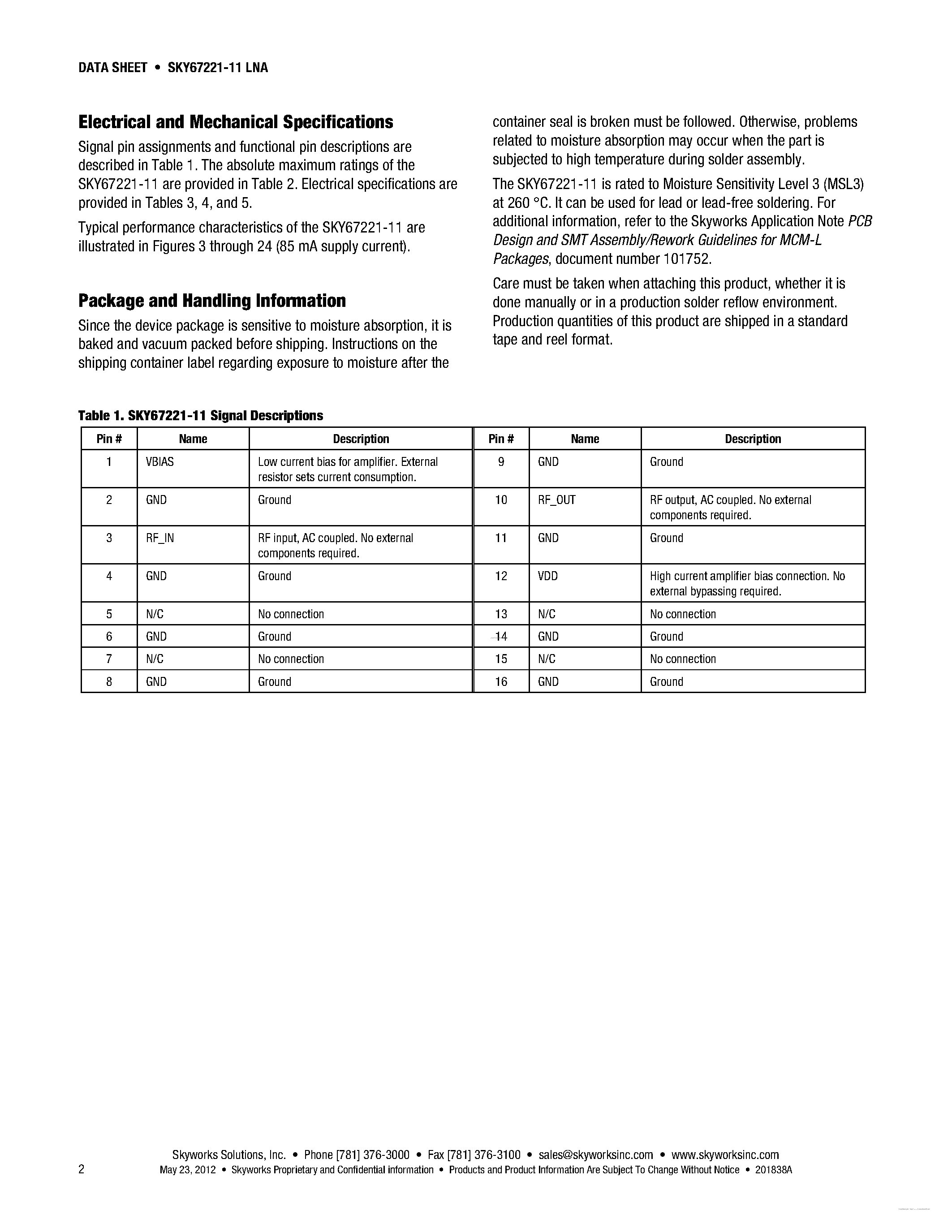 Datasheet SKY67221-11 - 1.6-2.1 GHz Low-Noise Amplifier Module page 2