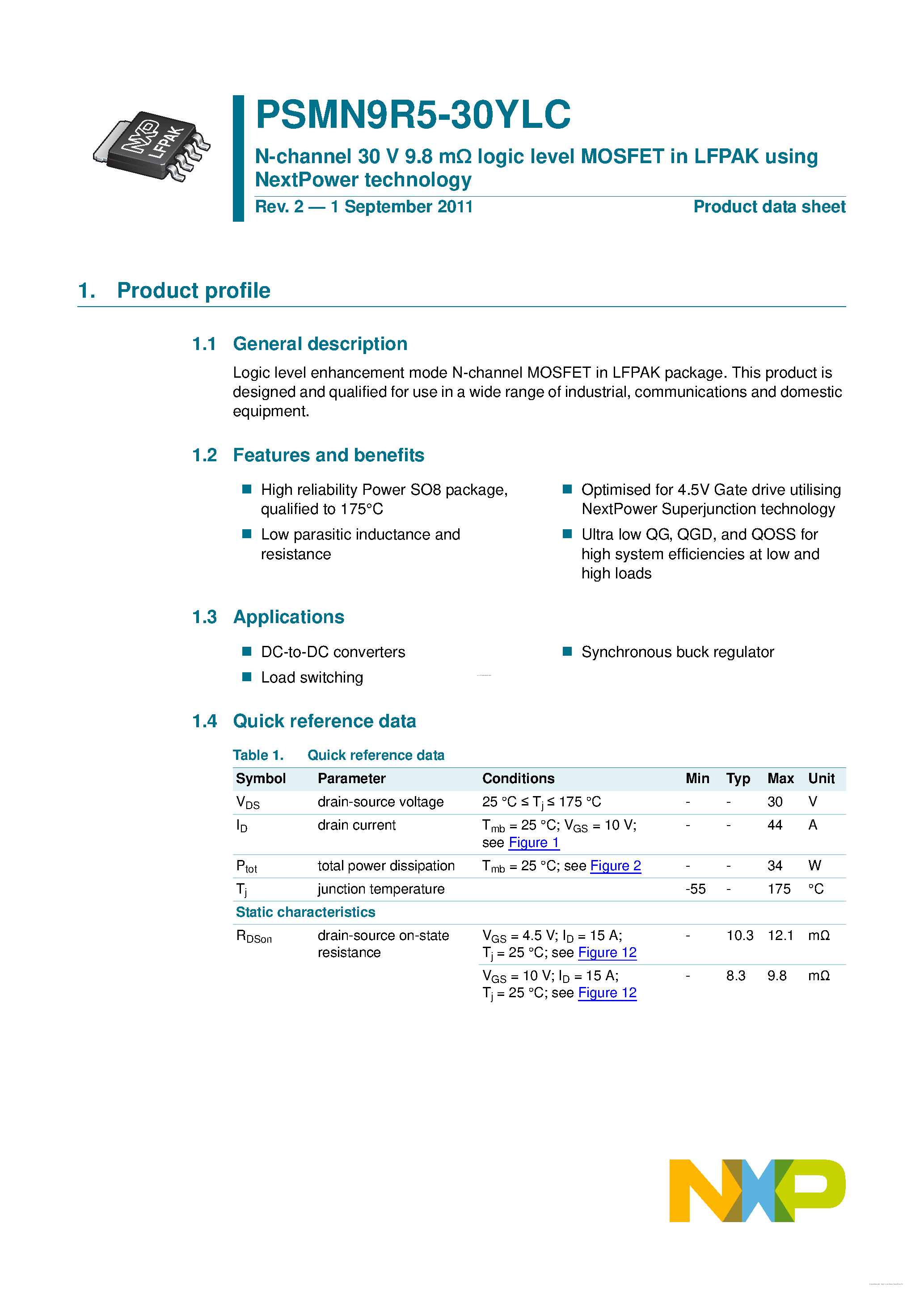 Datasheet PSMN9R5-30YLC page 1 Datasheet PSMN9R5-30YLC - N-channel MOSFET page 1