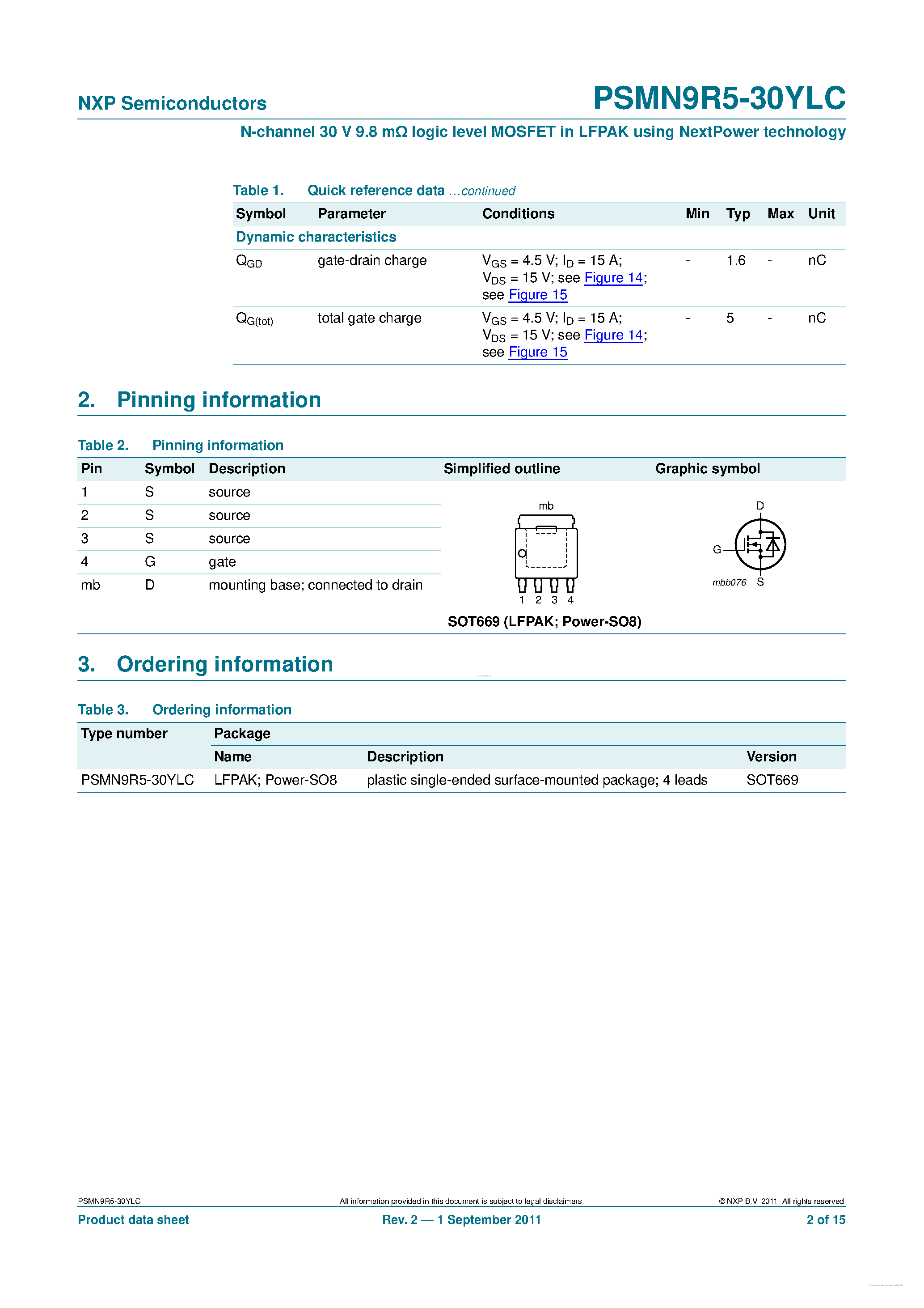 Datasheet PSMN9R5-30YLC page 2 Datasheet PSMN9R5-30YLC - N-channel MOSFET page 2