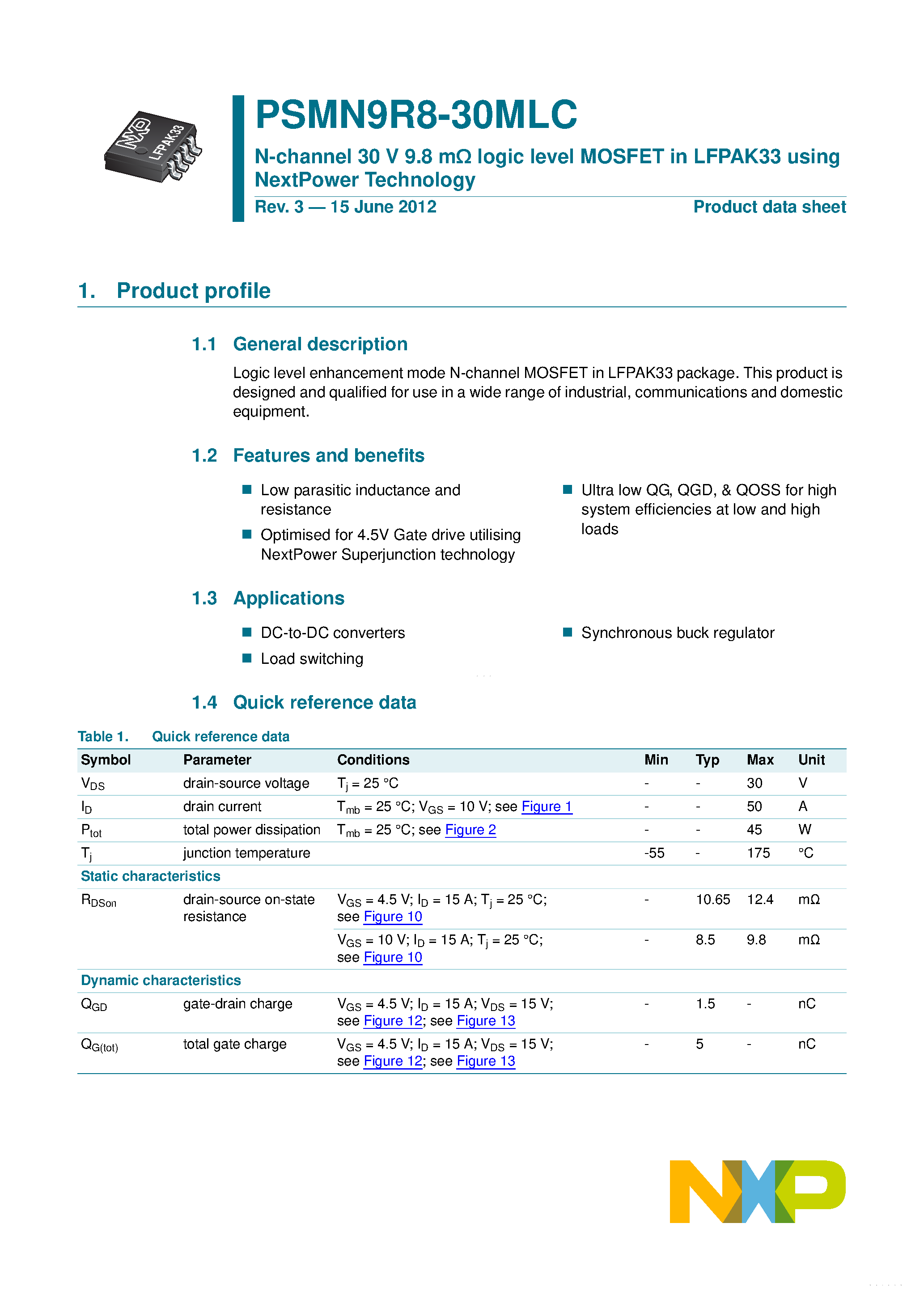Datasheet PSMN9R8-30MLC page 1 Datasheet PSMN9R8-30MLC - N-channel MOSFET page 1