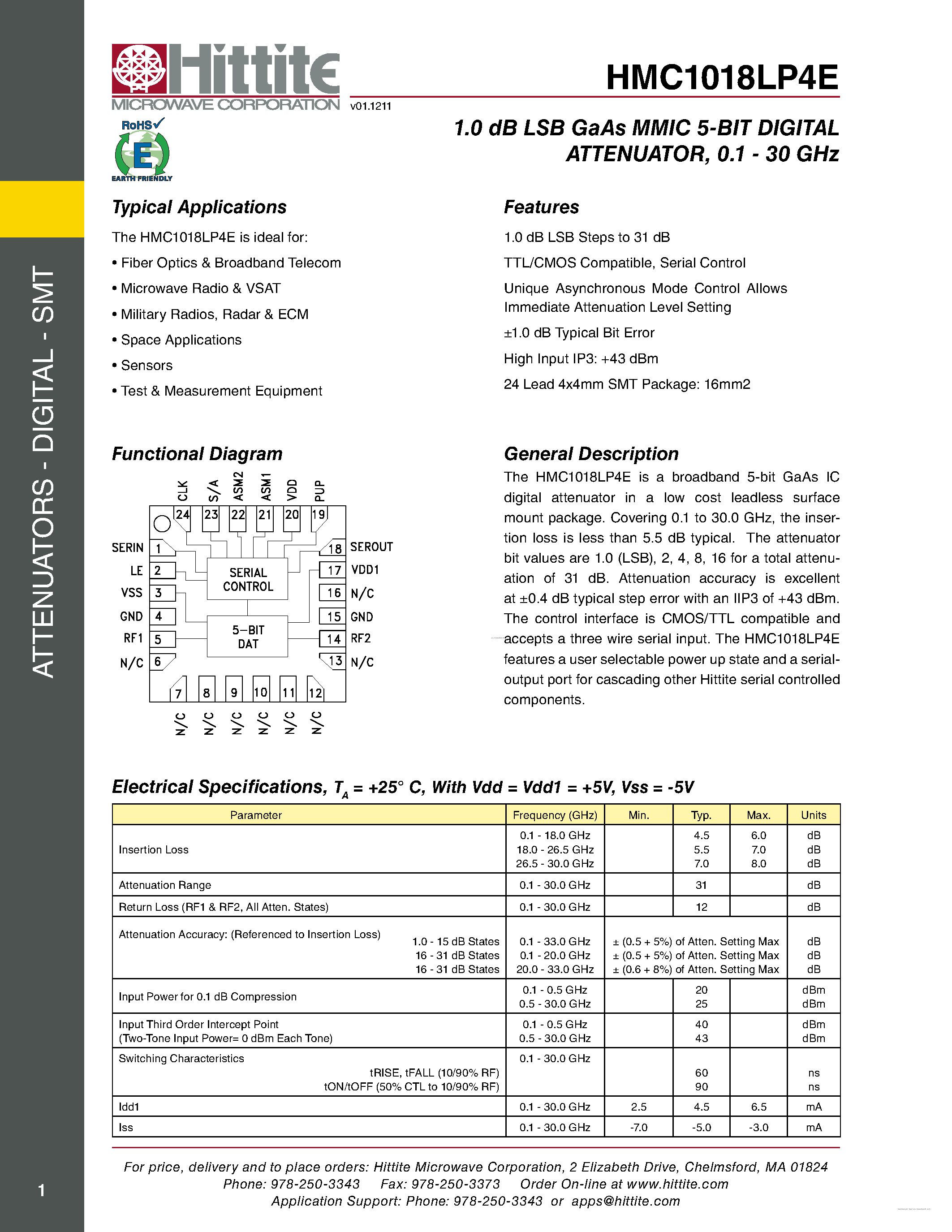 Datasheet HMC1018LP4E - GaAs MMIC 5-BIT DIGITAL ATTENUATOR page 1