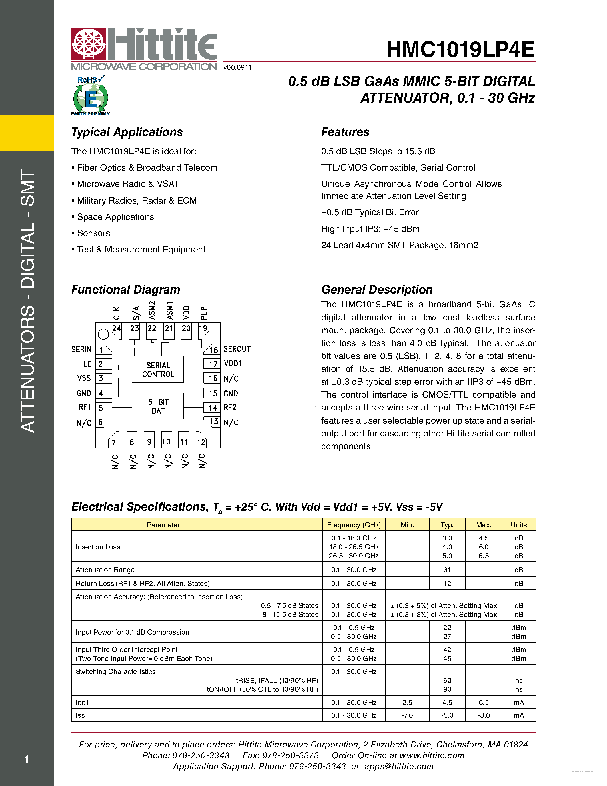 Datasheet HMC1019LP4E - LSB GaAs MMIC 5-BIT DIGITAL ATTENUATOR page 1