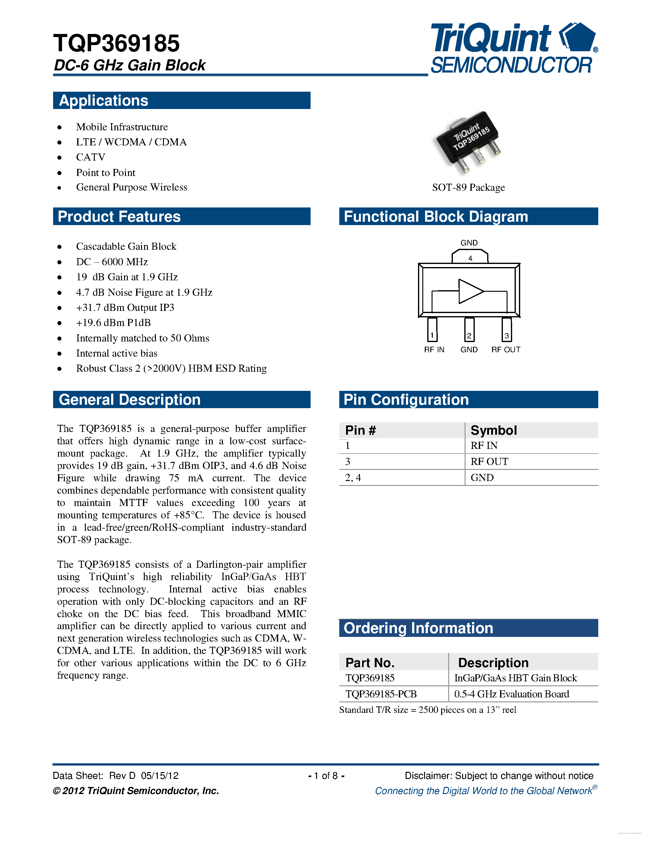 Datasheet TQP369185 - DC-6 GHz Gain Block page 1