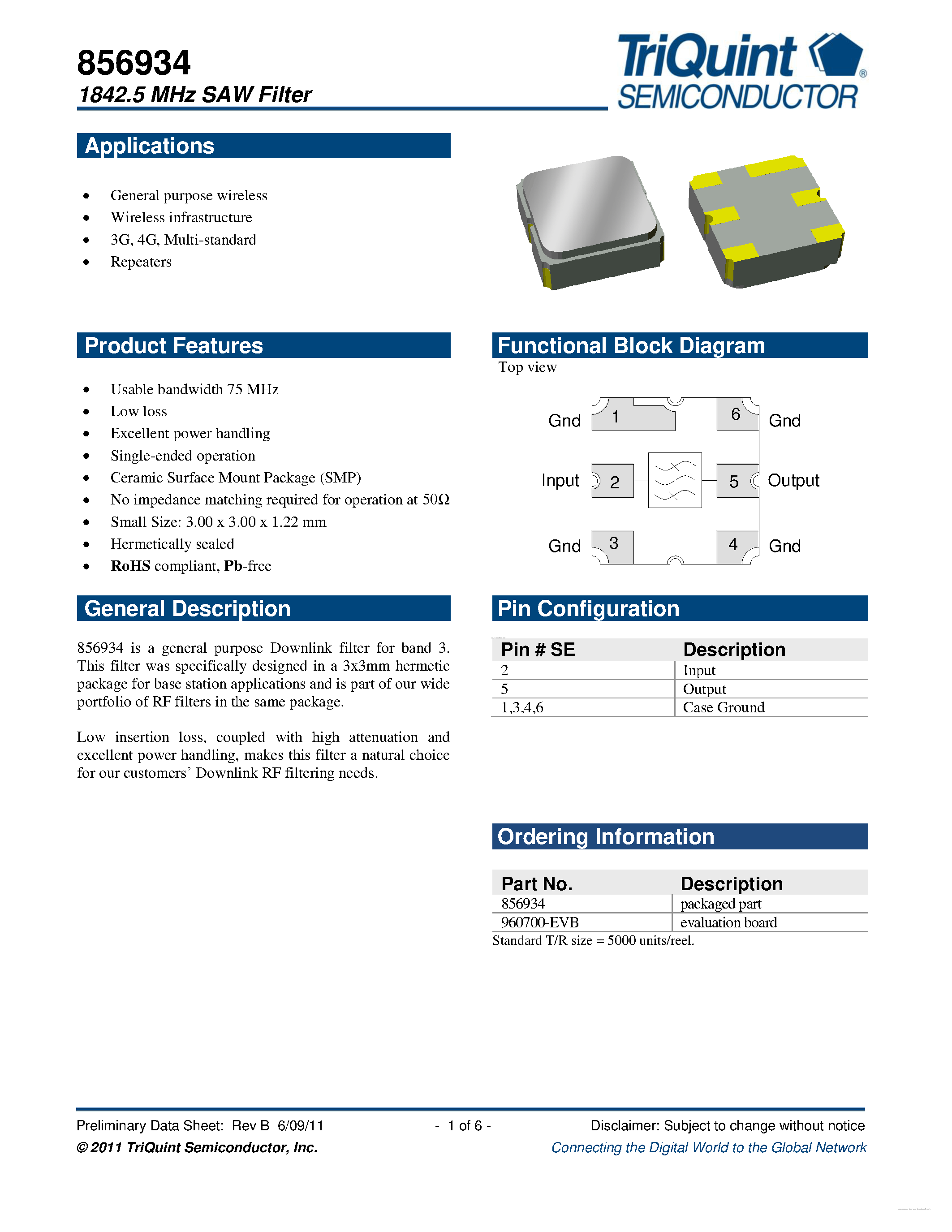 Datasheet 856934 - 1842.5 MHz SAW Filter page 1
