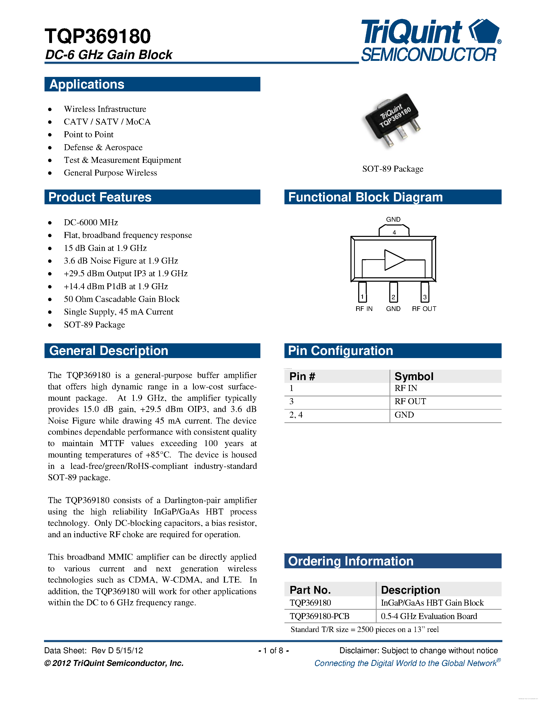 Datasheet TQP369180 - DC-6 GHz Gain Block page 1