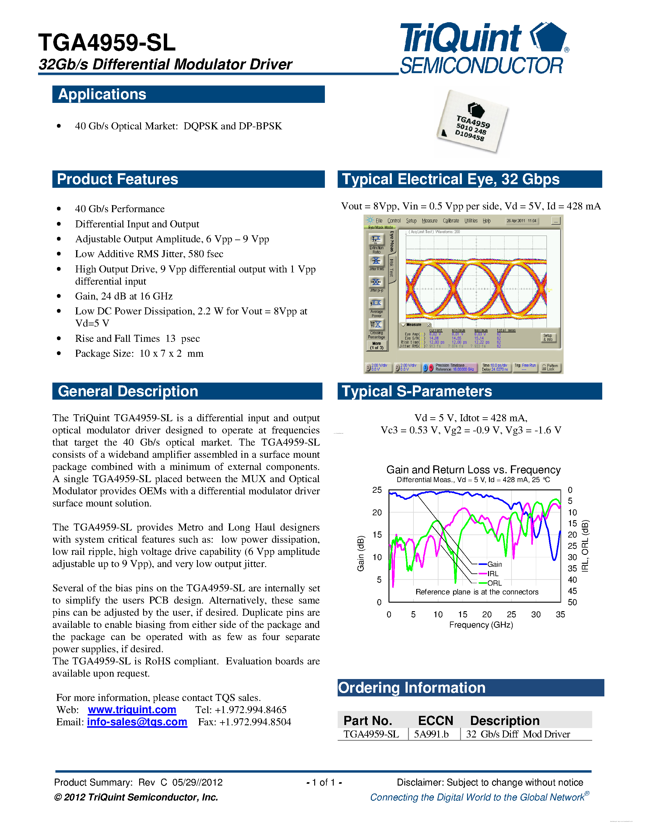 Datasheet TGA4959-SL page 1 Datasheet TGA4959-SL - 32Gb/s Differential Modulator Driver page 1