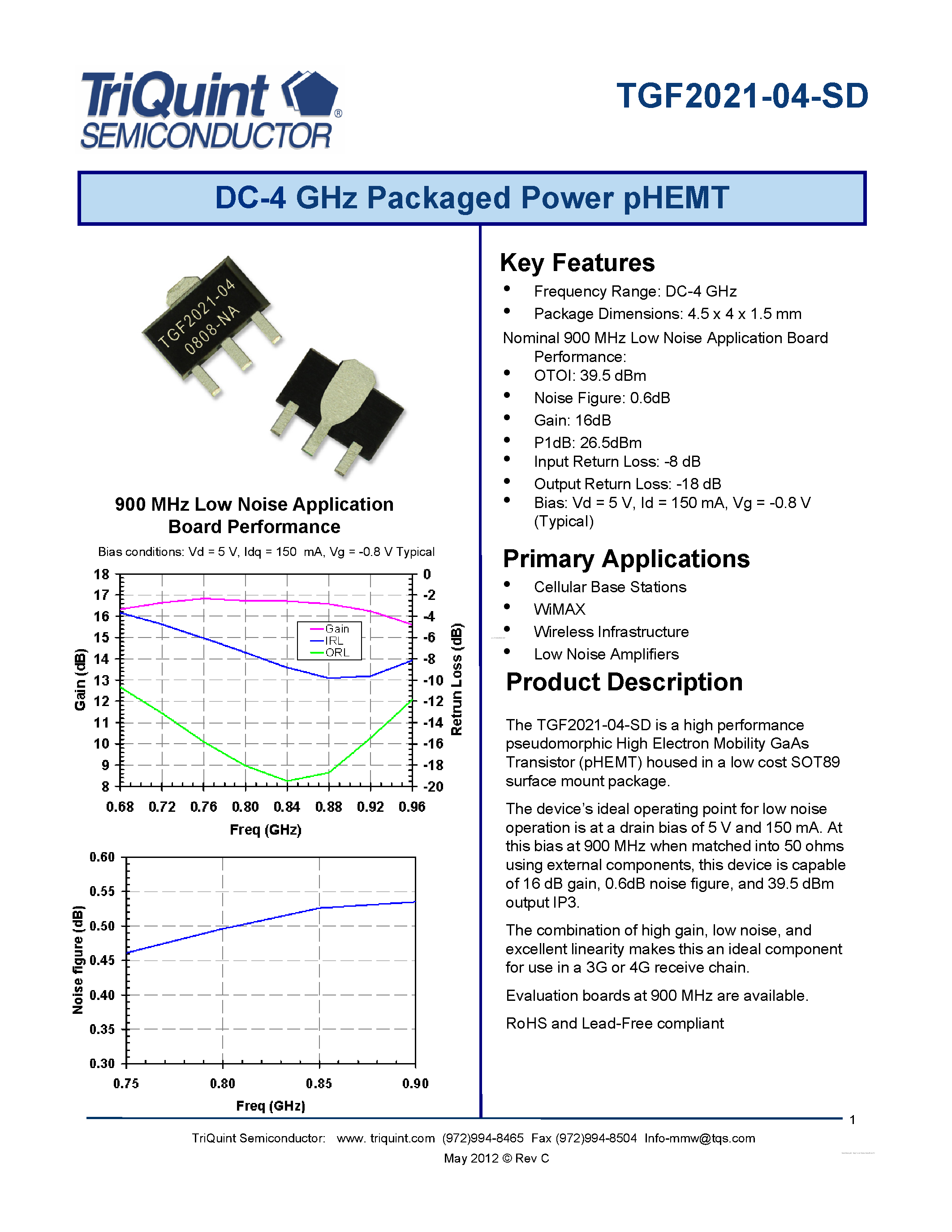 Datasheet TGF2021-04-SD - DC-4 GHz Packaged Power pHEMT page 1
