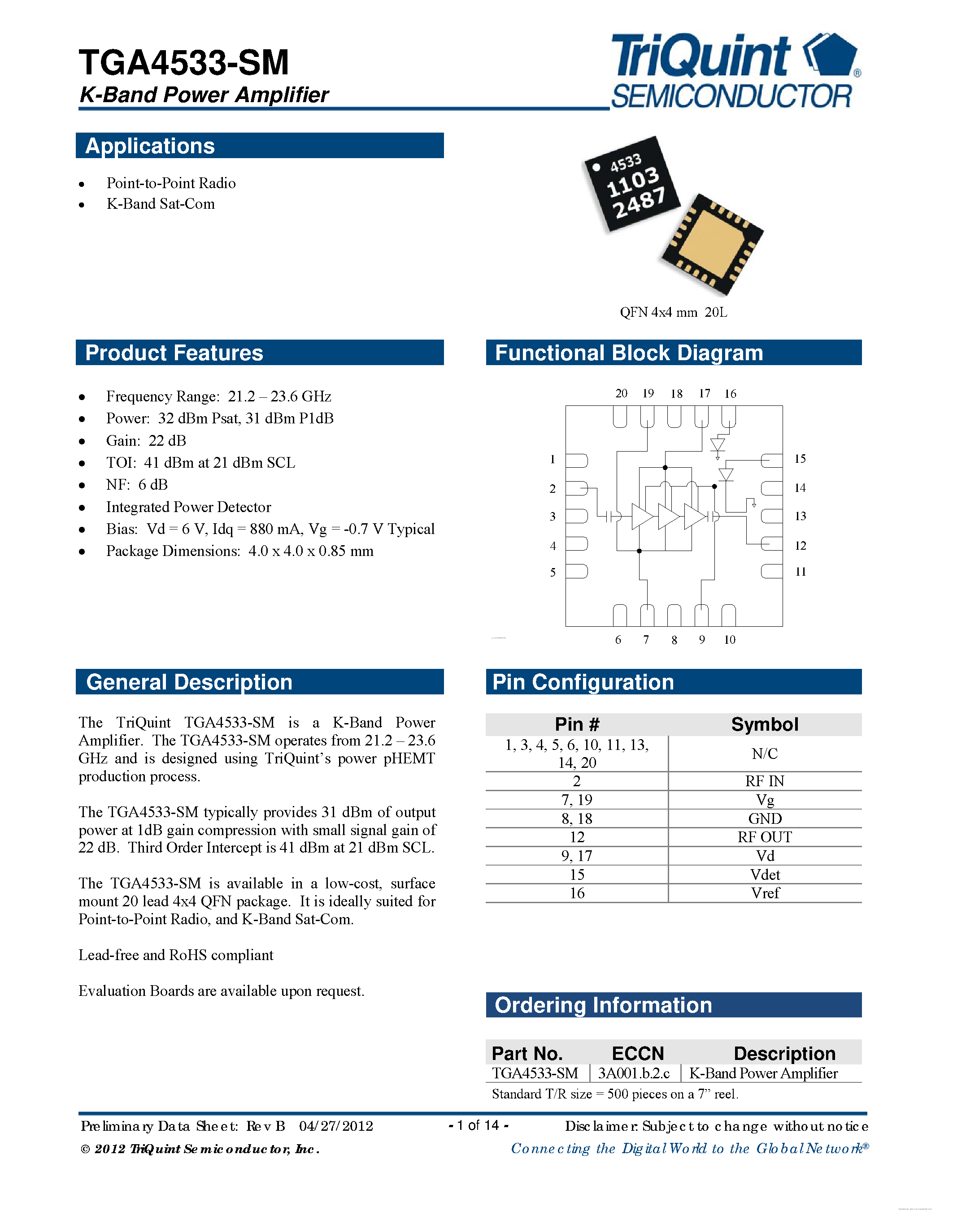 Даташит на микросхему TGA4533-SM страница 1 Даташит TGA4533-SM - K-Band Power Amplifier страница 1
