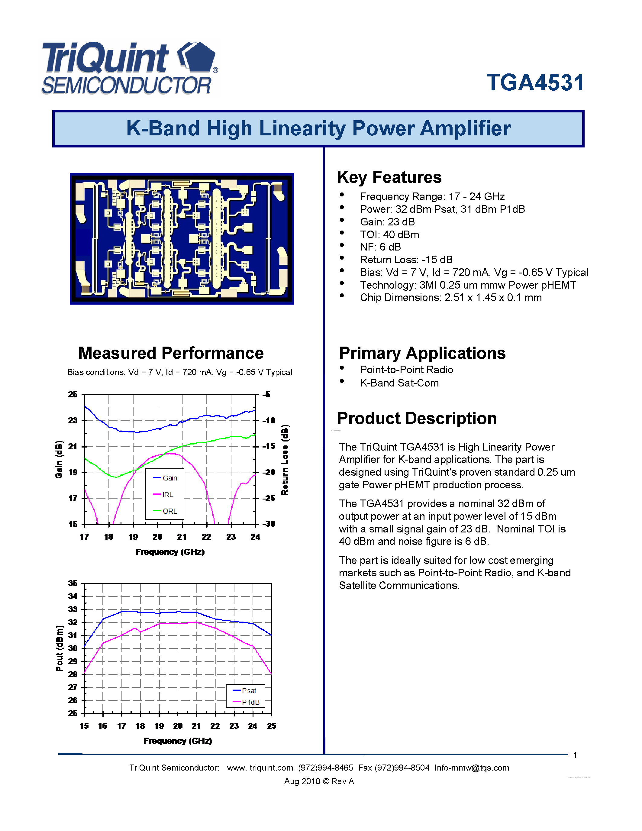 Datasheet TGA4531 page 1 Datasheet TGA4531 - K-Band High Linearity Power Amplifier page 1