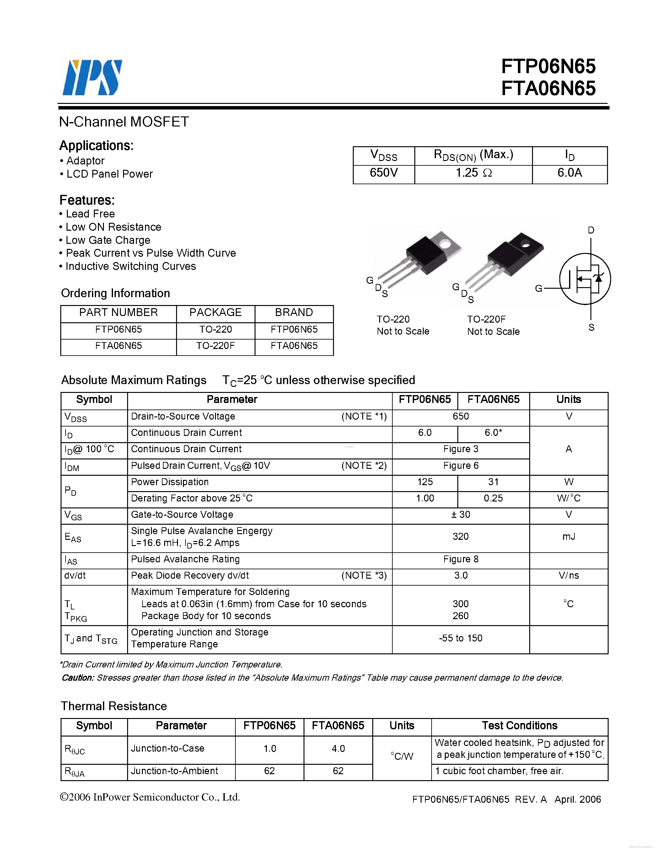 Datasheet FTP06N65 page 1 Datasheet FTP06N65 - N-Channel MOSFET page 1