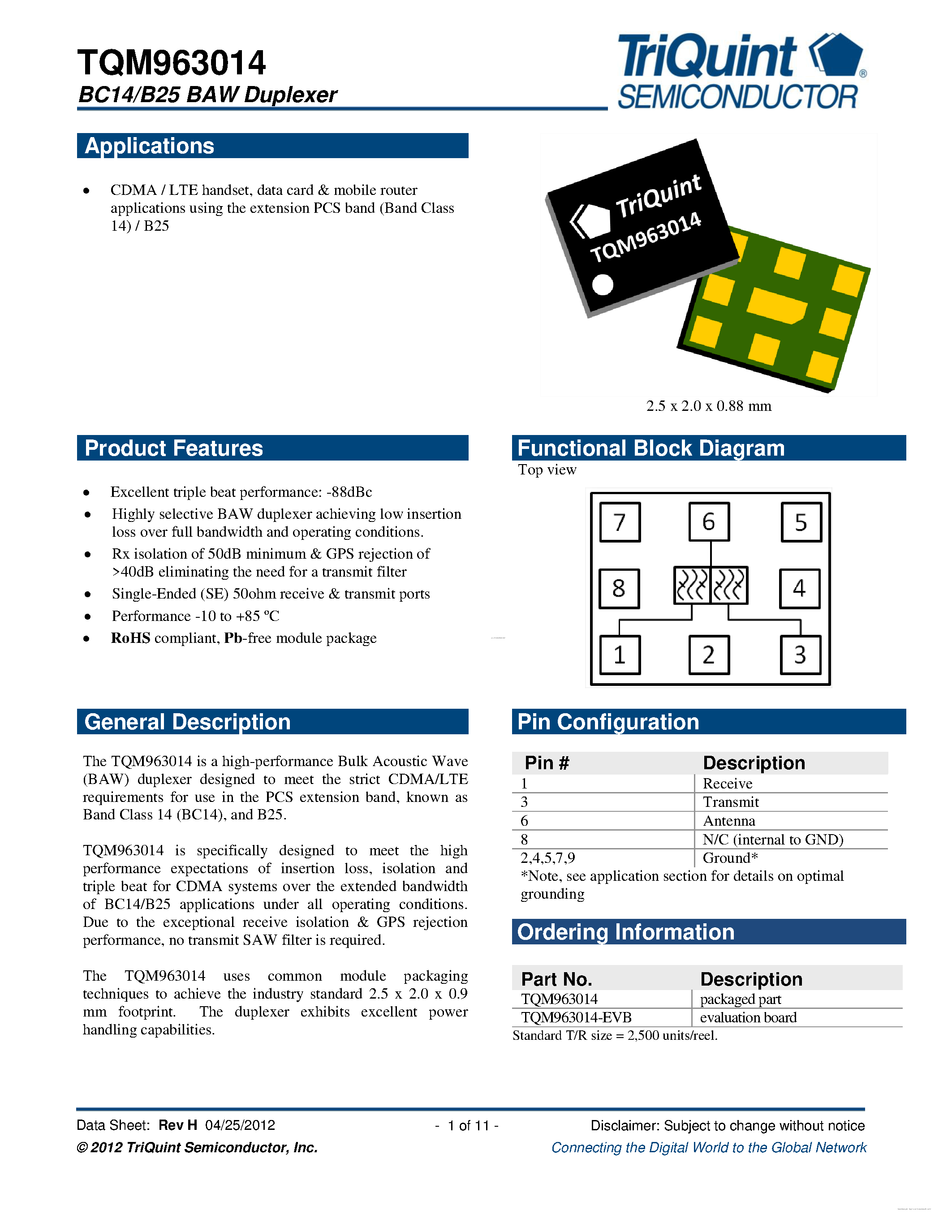 Datasheet TQM963014 - BC14/B25 BAW Duplexer page 1