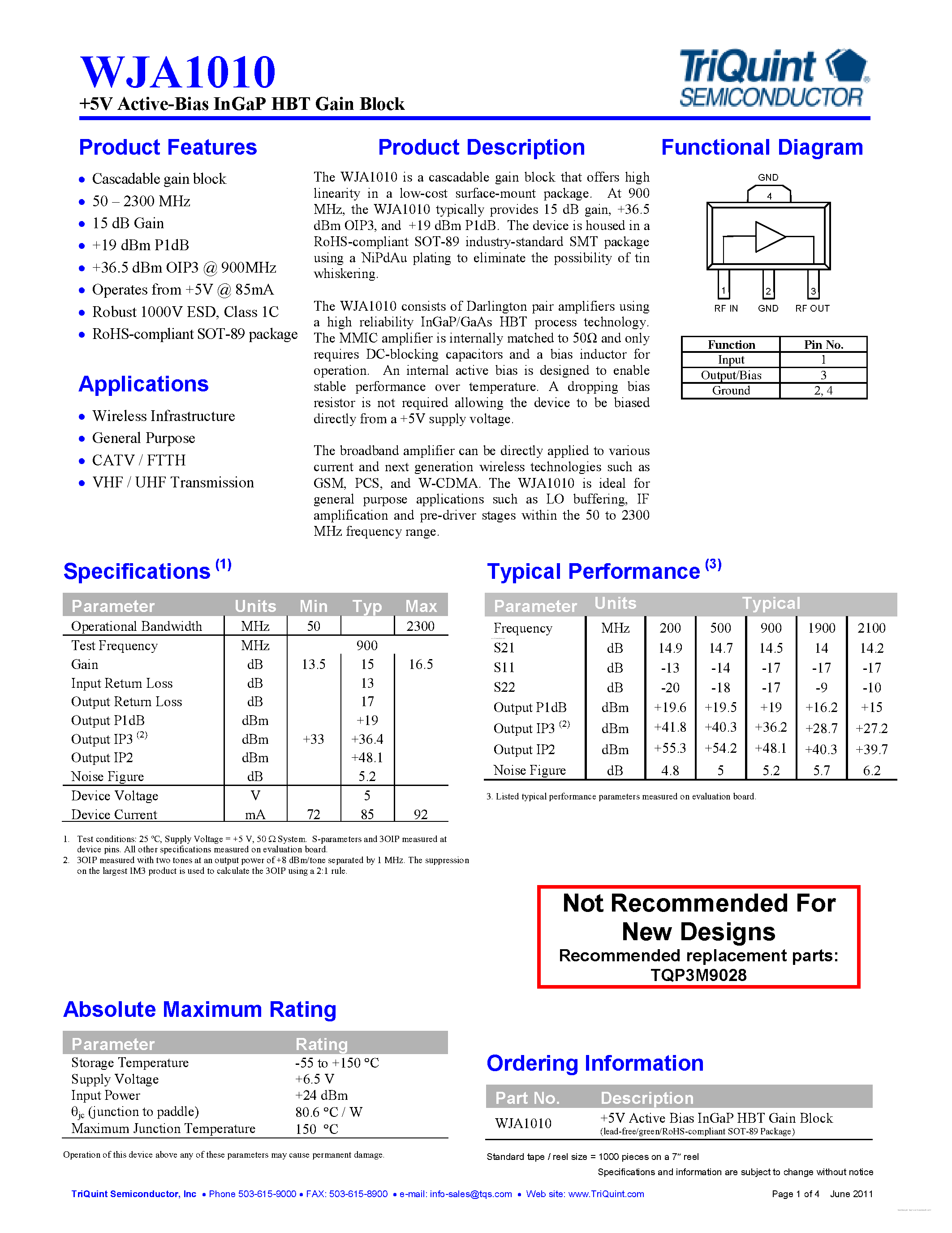 Даташит на микросхему WJA1010 страница 1 Даташит WJA1010 - Active-Bias InGaP HBT Gain Block страница 1
