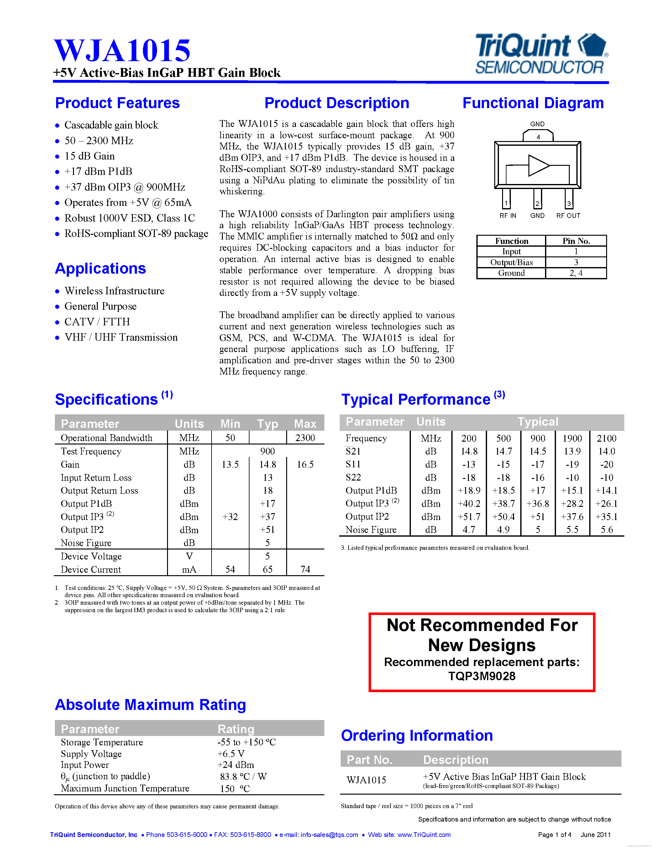 Datasheet WJA1015 page 1 Datasheet WJA1015 - Active-Bias InGaP HBT Gain Block page 1