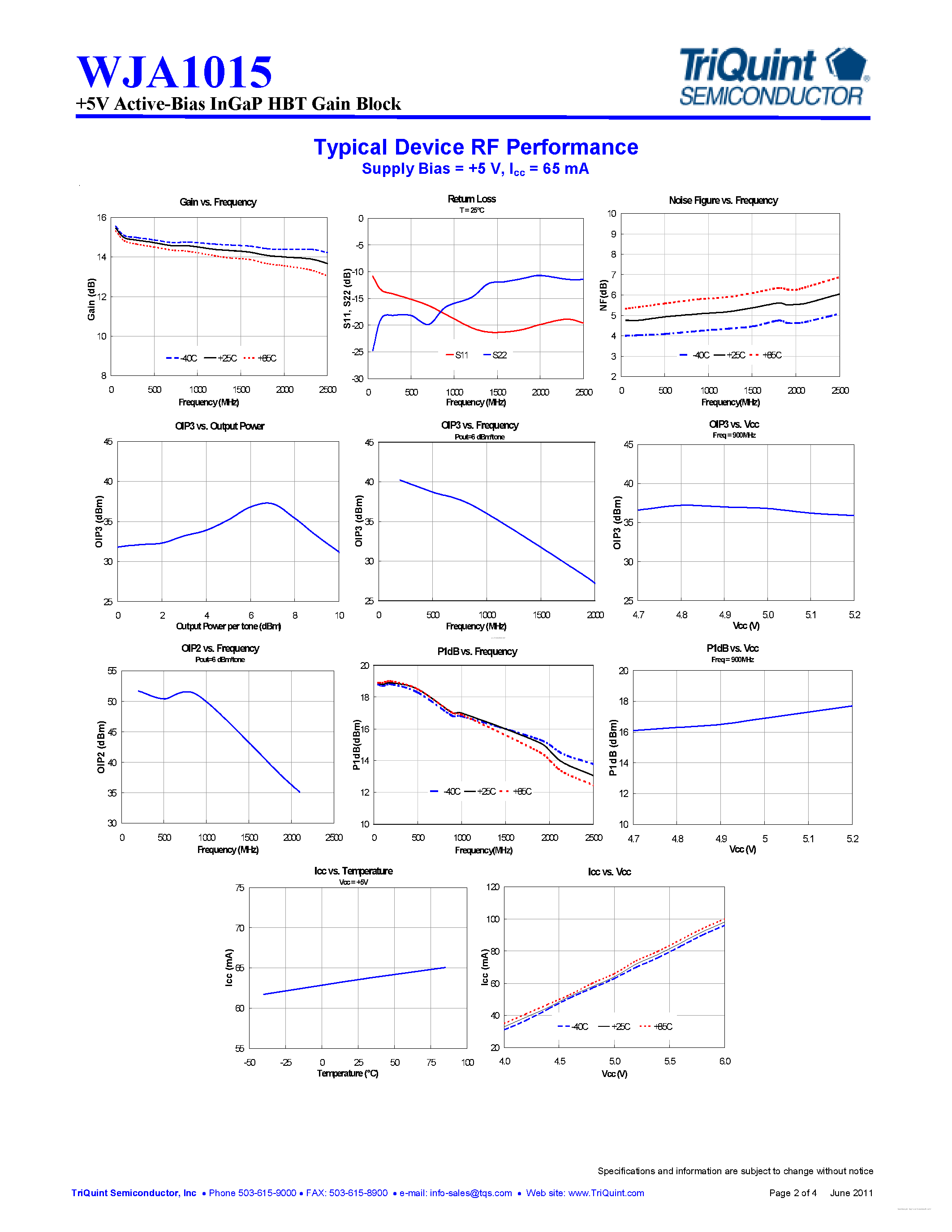 Datasheet WJA1015 page 2 Datasheet WJA1015 - Active-Bias InGaP HBT Gain Block page 2