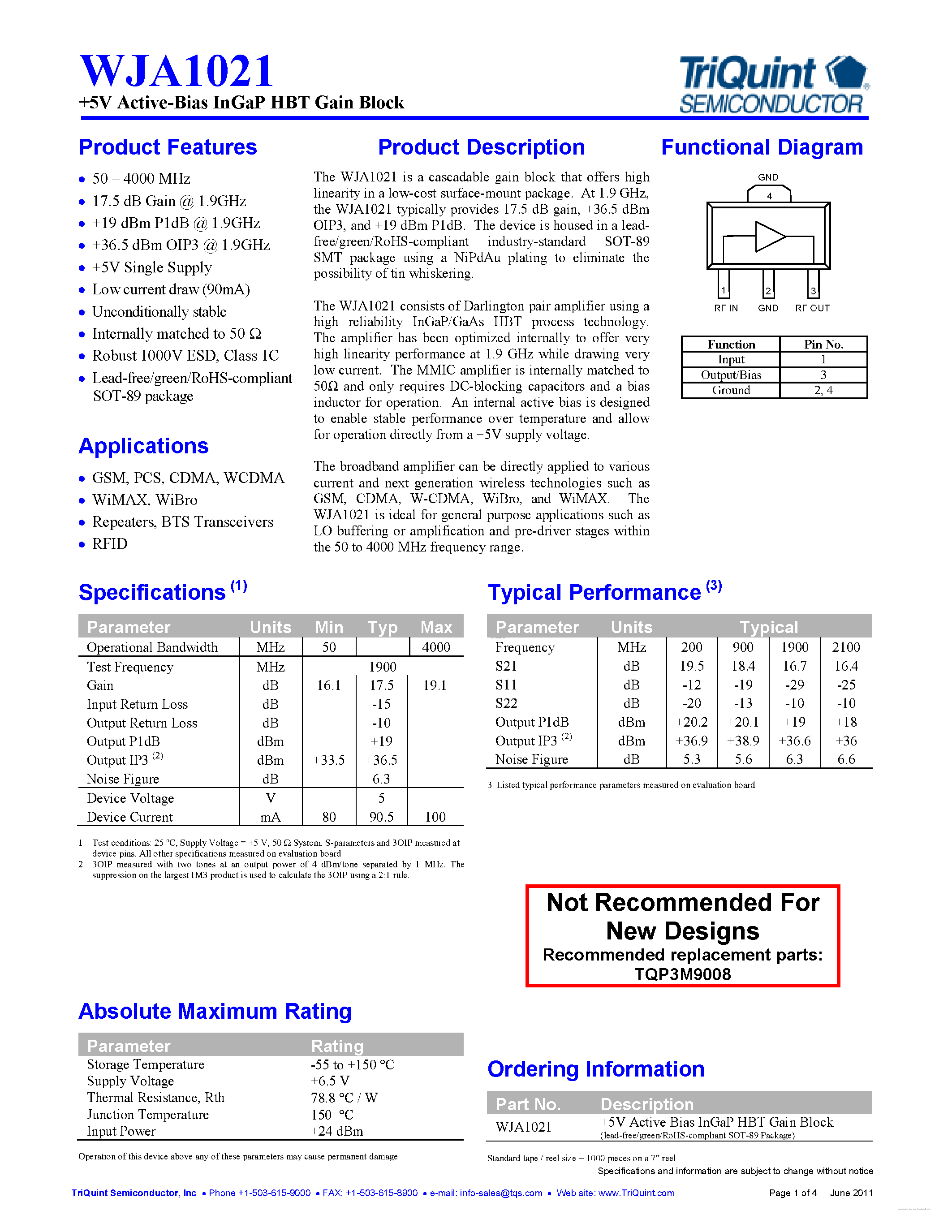 Datasheet WJA1021 page 1 Datasheet WJA1021 - Active-Bias InGaP HBT Gain Block page 1