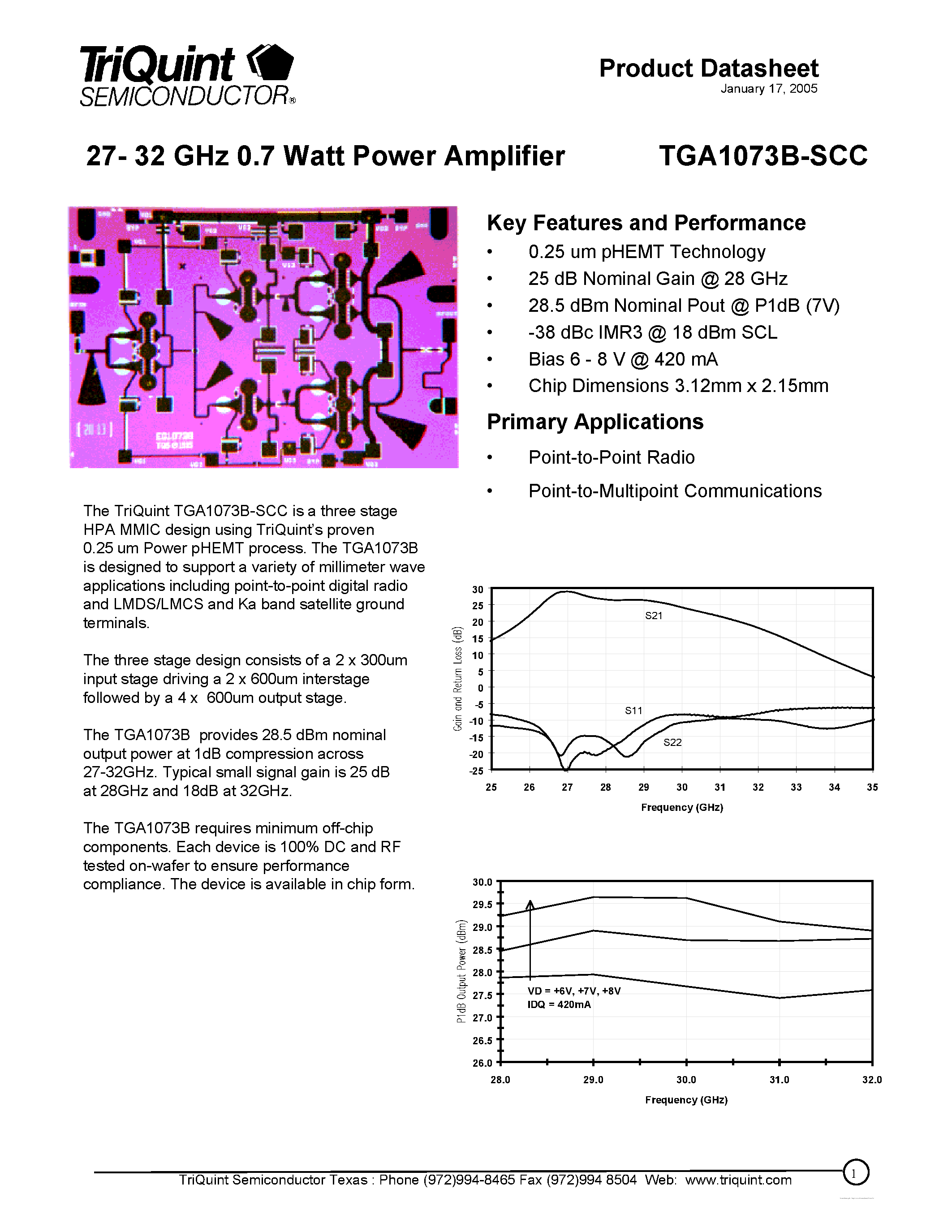Datasheet TGA1073B-SCC - 27-32 GHz 0.7 Watt Power Amplifier page 1