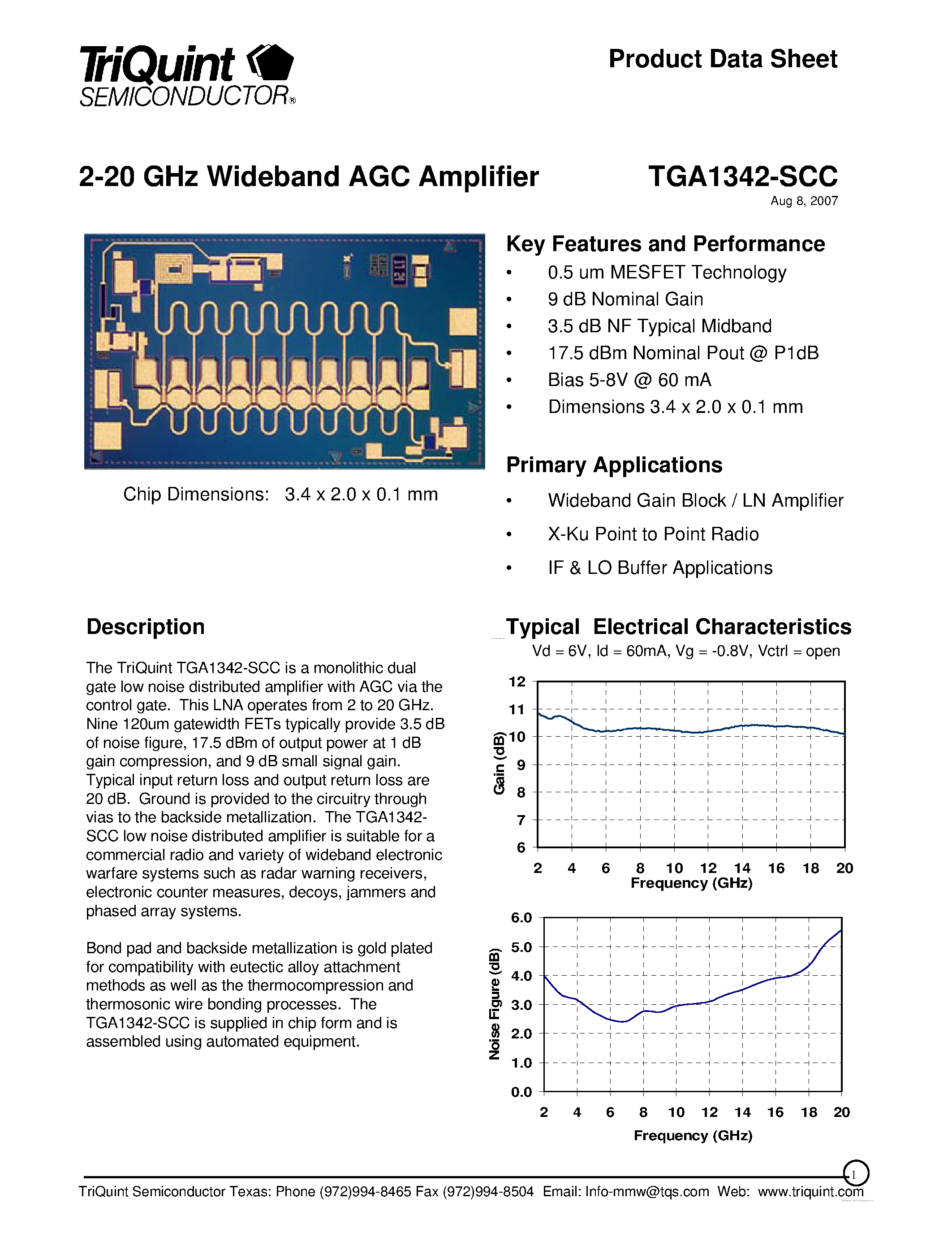 Datasheet TGA1342-SCC - 2-20 GHz Wideband AGC Amplifier page 1