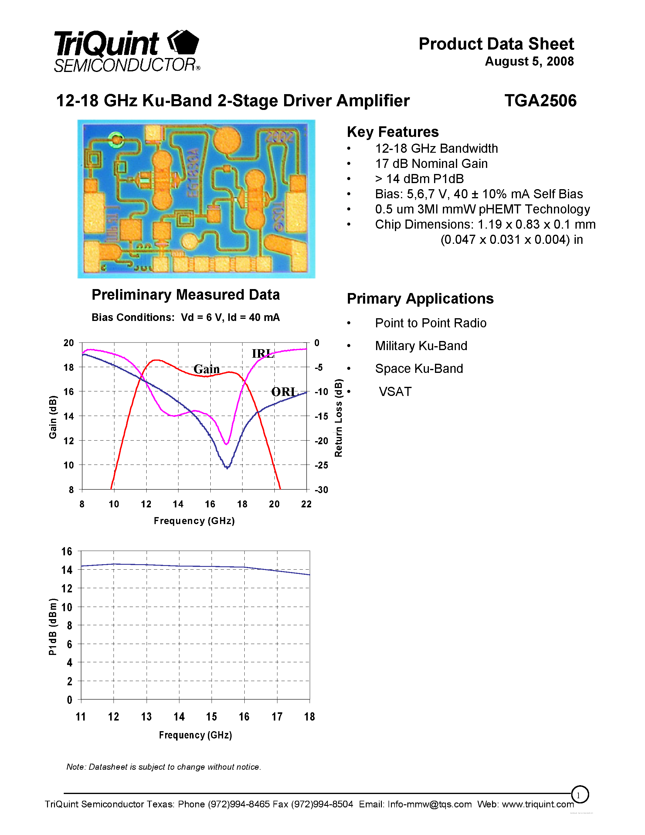 Datasheet TGA2506 page 1 Datasheet TGA2506 - 12-18 GHz Ku-Band 2-Stage Driver Amplifier page 1